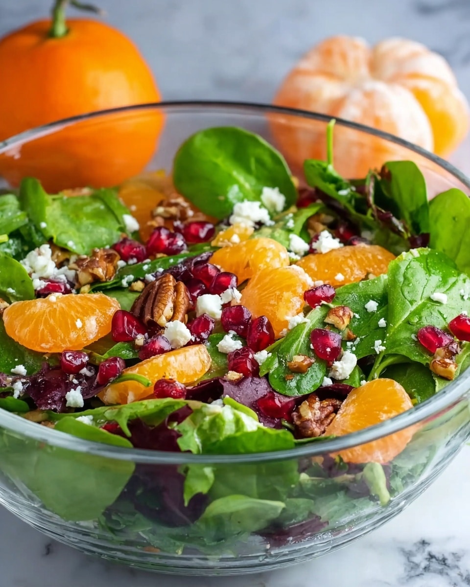A clear glass bowl holds a fresh salad with bright green spinach and mixed leafy greens forming the bottom layer. Scattered throughout are bright orange slices of mandarin, ruby red pomegranate seeds, and small pieces of chopped nuts adding texture. Small white crumbles of cheese are sprinkled on top, contrasting with the colorful fruits and greens. The bowl is placed on a white marbled surface with a whole mandarin in the background. photo taken with an iphone --ar 4:5 --v 7