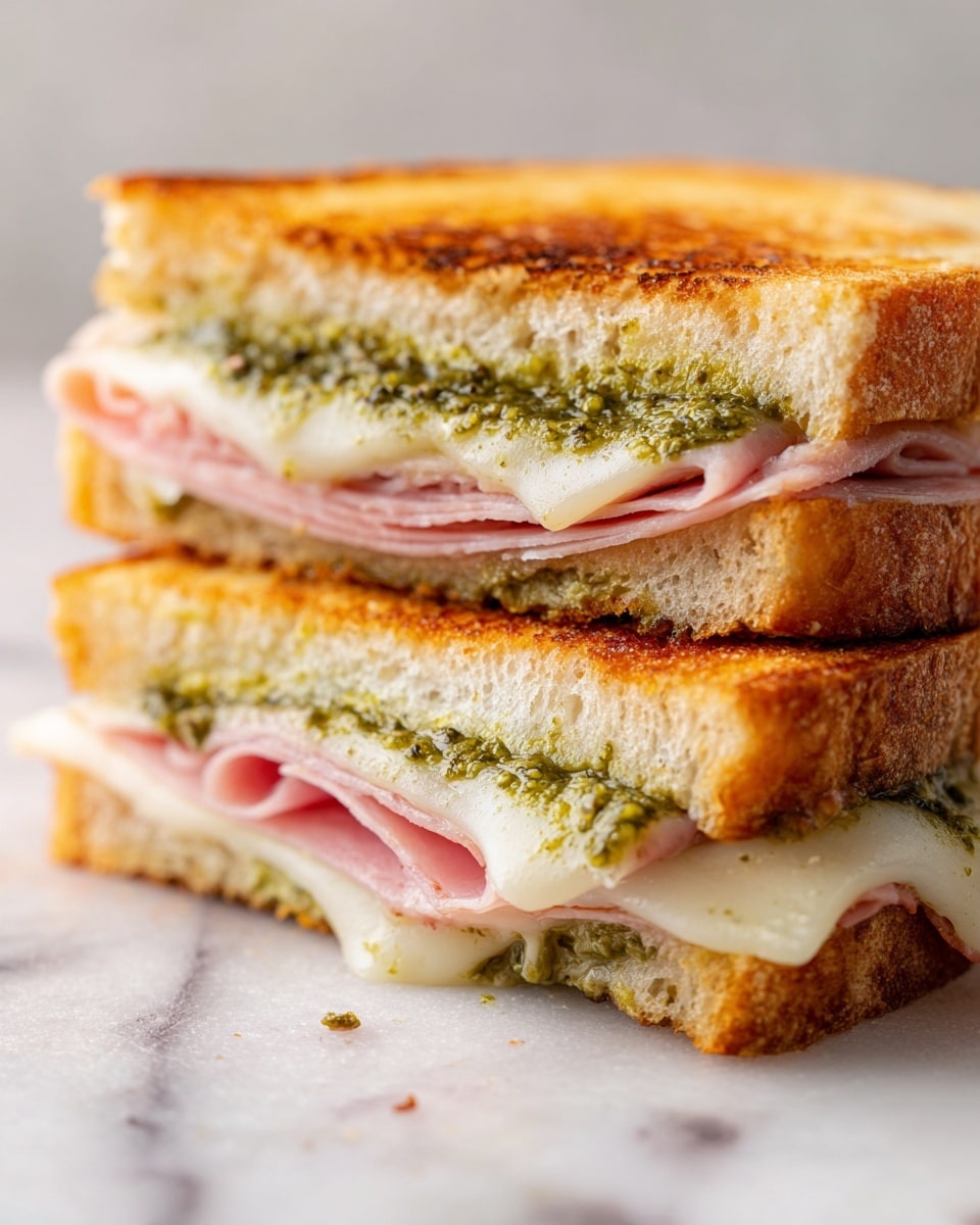 This image shows a sandwich cut in half and placed on a white marbled surface. The sandwich has a golden-brown toasted crust on top and bottom. The bottom layer is a crispy light brown bread slice. Above it, there are thin slices of pink ham, topped with white melted cheese. On top of the cheese, there is a layer of green pesto spread visible near the top inside of the sandwich. The layers are thick but well balanced, and the sandwich looks fresh and appetizing. Photo taken with an iphone --ar 4:5 --v 7