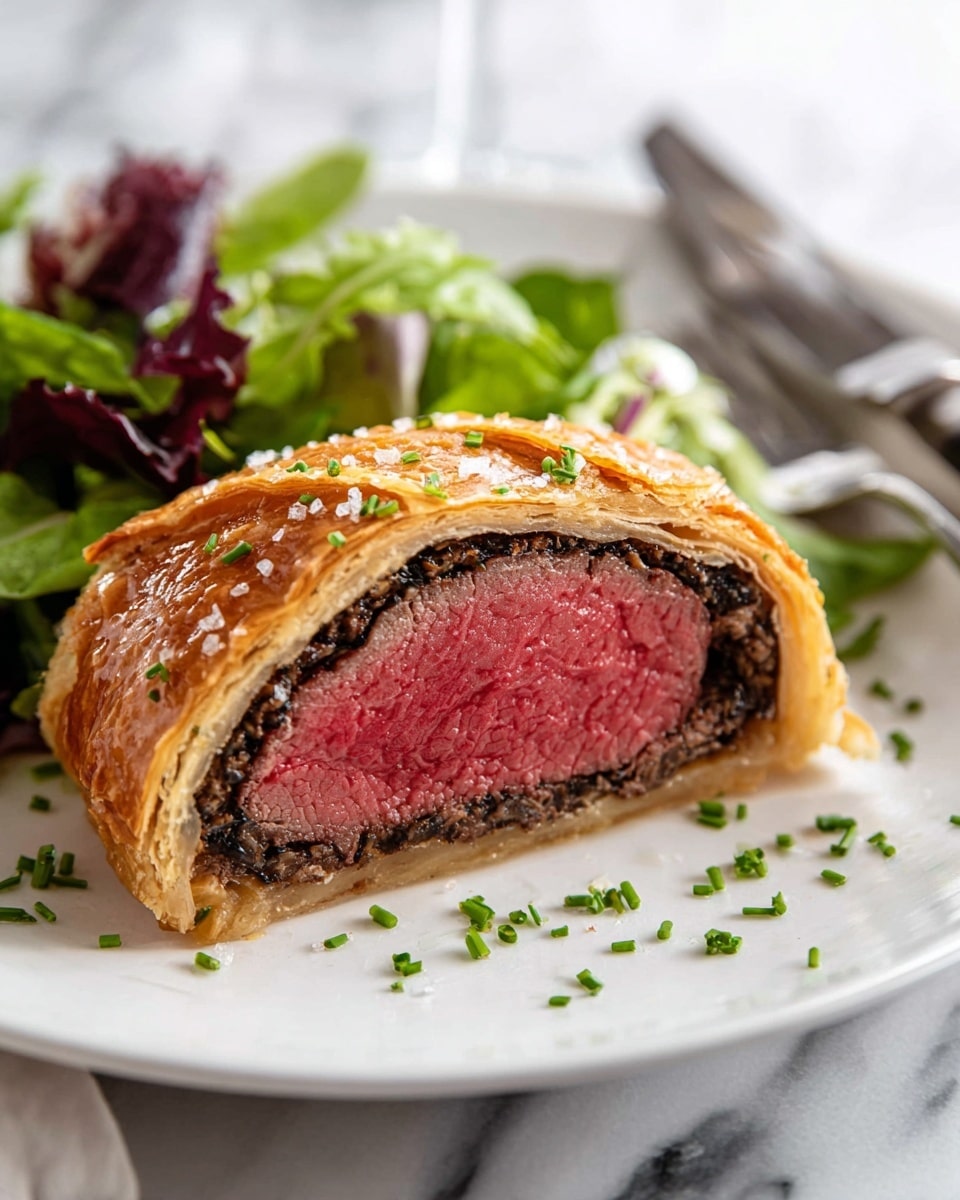 The image shows a thick slice of Beef Wellington with three main layers: the center is juicy, pink beef, surrounded by a dark, finely chopped mushroom duxelles layer, and wrapped in a golden-brown, flaky puff pastry. The pastry has a glossy finish and some salt crystals on top. The beef is resting on a wooden board with scattered green herbs and small flakes of pastry around it. In the background, there is a small white bowl with green sauce, and the entire scene is set on a white marbled surface. photo taken with an iphone --ar 4:5 --v 7