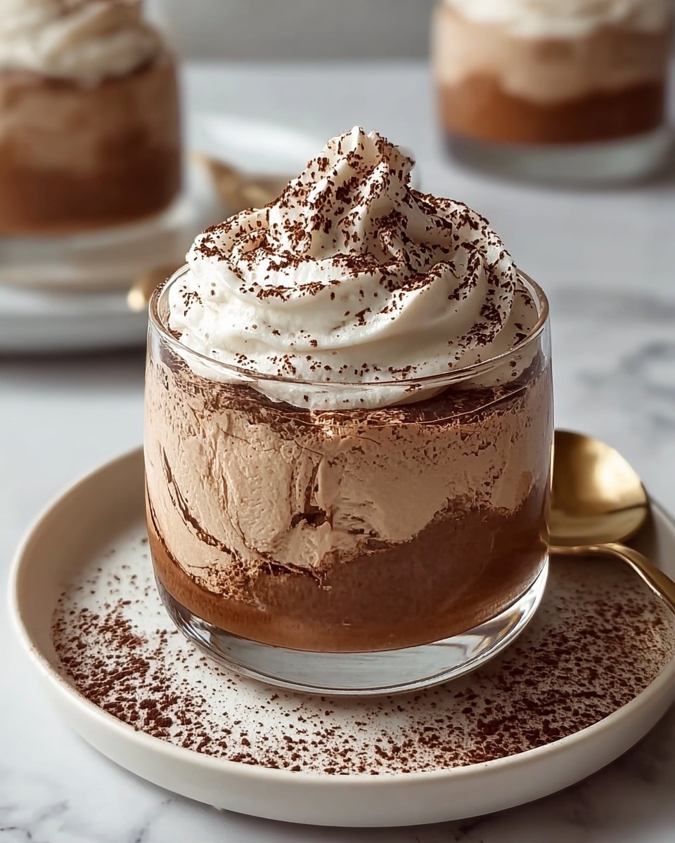 A clear glass cup filled with two visible layers: the bottom layer is a smooth, light brown creamy mousse with a slightly cracked texture, and the top layer is a thick swirl of white whipped cream sprinkled with fine dark brown cocoa powder. The cup sits on a white plate with a small scattered cocoa powder design near the edge. In the blurred background, there are two more similar glasses on a white marbled surface with one partly covered with a beige cloth and a bronze spoon beside the plate. photo taken with an iphone --ar 4:5 --v 7