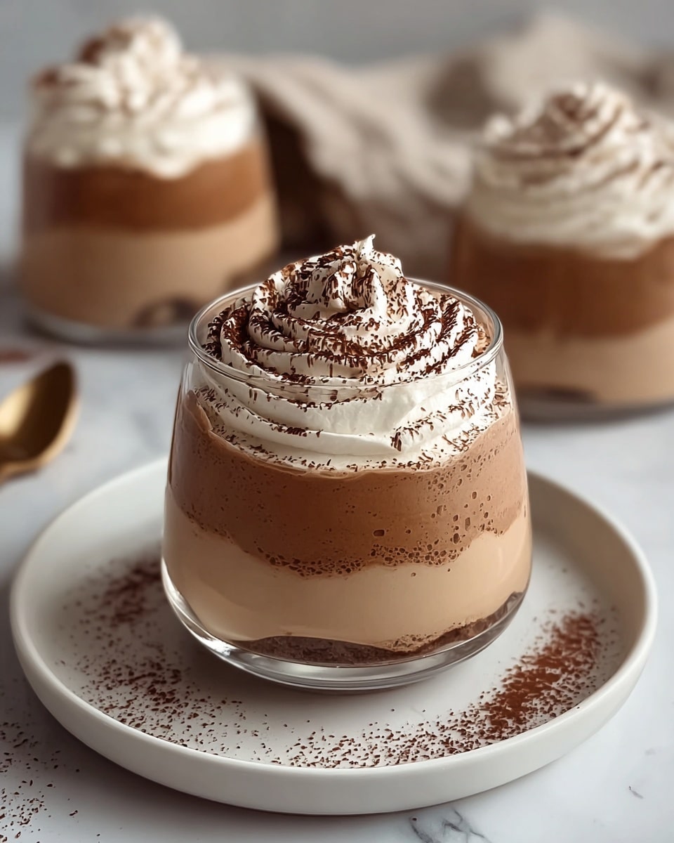 A clear glass holds a dessert with two visible layers: a thick, light brown creamy base with a cracked texture and a smooth, swirled peak of white whipped cream on top, dusted with dark brown cocoa powder. The glass sits on a round white plate that has scattered cocoa powder around the base. The background shows a white marbled texture with two similar desserts blurred in the distance and a gold spoon resting near the plate. photo taken with an iphone --ar 4:5 --v 7