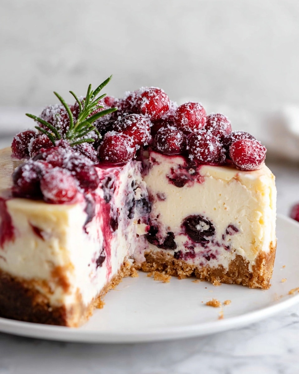 A slice of cheesecake with three clear layers is shown on a white plate over a white marbled surface. The bottom layer is a thick, crumbly, golden-brown crust. The middle layer is creamy off-white cheesecake mixed with swirls and chunks of dark red berries. The top layer is a smooth, thick white cream. On top of the cheesecake, there is a generous heap of shiny, sugared red cranberries dusted with white sugar crystals, along with a small green sprig of rosemary on the left edge. The front slice is missing, revealing the textured inside layers clearly. photo taken with an iphone --ar 4:5 --v 7