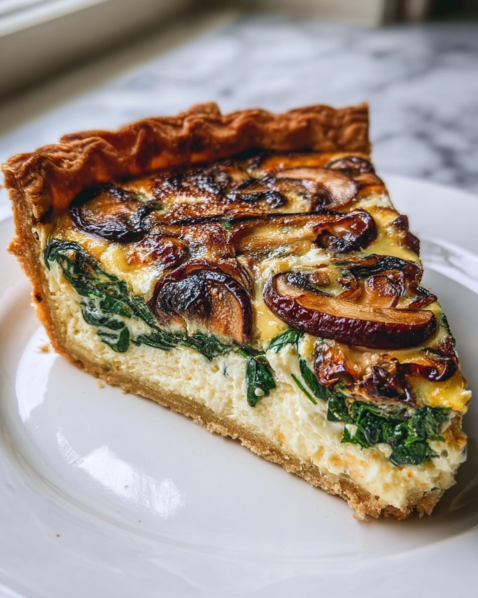 A single slice of quiche is shown on a white plate with a white marbled texture surface beneath it. The quiche has a golden-brown, thick, and flaky crust as its base and outer edge. The first layer inside the crust is light and creamy with a slightly uneven texture, likely a cheese and egg mixture. Next is a layer of dark green spinach leaves spread evenly. On top, there are browned, cooked mushroom slices scattered across, some with a slight char. The filling surface is golden with a few browned spots, showing a baked, firm texture. The photo is taken near a window with soft natural light highlighting the rich colors and textures. photo taken with an iphone --ar 4:5 --v 7