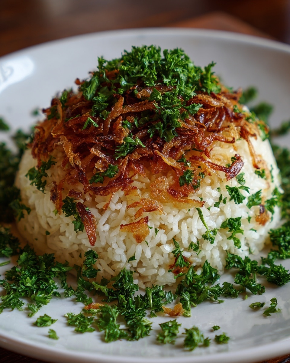 A close-up of a dome-shaped mound of cooked rice on a white plate, with each grain separate and fluffy. The top layer is golden brown and crispy, with thin, caramelized fried onion pieces scattered across it. Bright green chopped parsley is sprinkled generously on top and around the edges of the plate, adding a fresh touch. The texture looks slightly crunchy on top while soft underneath. photo taken with an iphone --ar 4:5 --v 7