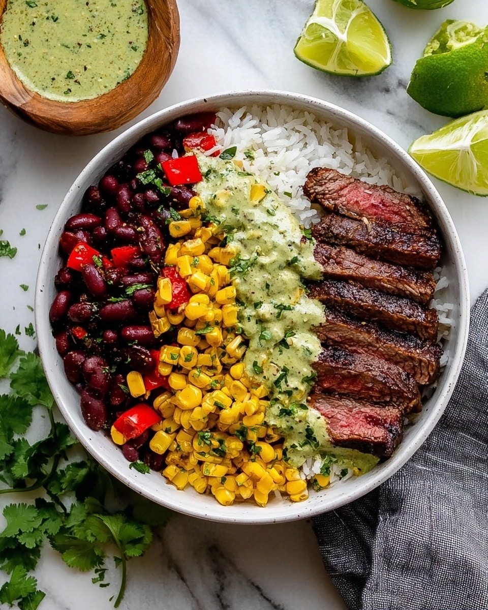 A white bowl filled with four main layers arranged side by side: on the left is a layer of dark red kidney beans mixed with small red diced peppers, next to it is bright yellow grilled corn, followed by fluffy white rice, and on the right, five slices of grilled steak with a pink center and seared edges. A drizzle of green sauce with a slightly chunky texture is spread across the top of the steak, corn, and beans, garnished with small bits of green herbs. Surrounding the bowl are lime wedges and some green herb leaves on a white marbled surface, with a small wooden bowl of green sauce and a gray cloth nearby. photo taken with an iphone --ar 4:5 --v 7