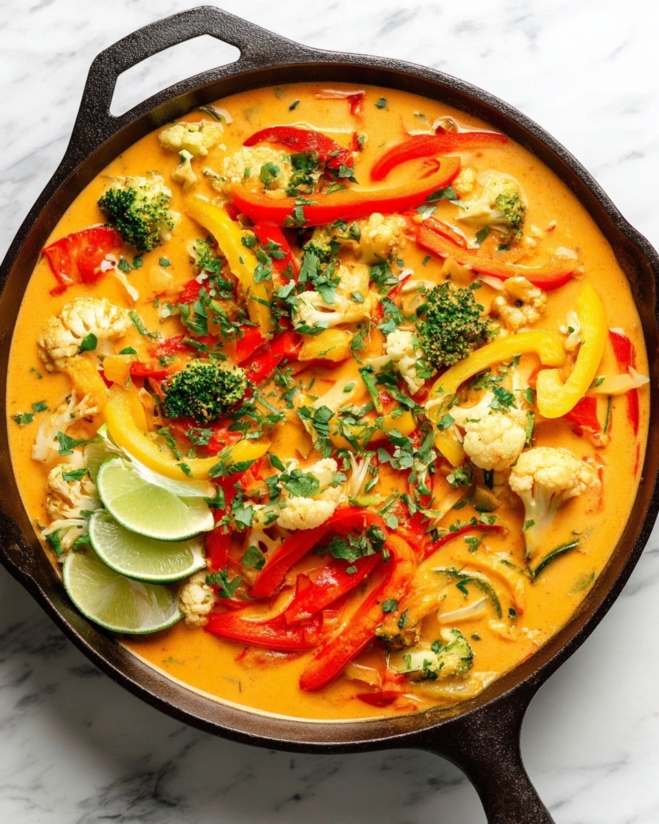 A cast iron pan filled with a creamy orange curry sauce as the base layer, thick and smooth, covering all the bottom. On top, a mix of colorful vegetables including bright red and yellow bell pepper slices, small green broccoli florets, white cauliflower chunks, and some finely chopped green herbs sprinkled evenly. Two fresh green lime wedges sit on the side of the pan as garnish. The pan is set on a white marbled surface. photo taken with an iphone --ar 4:5 --v 7