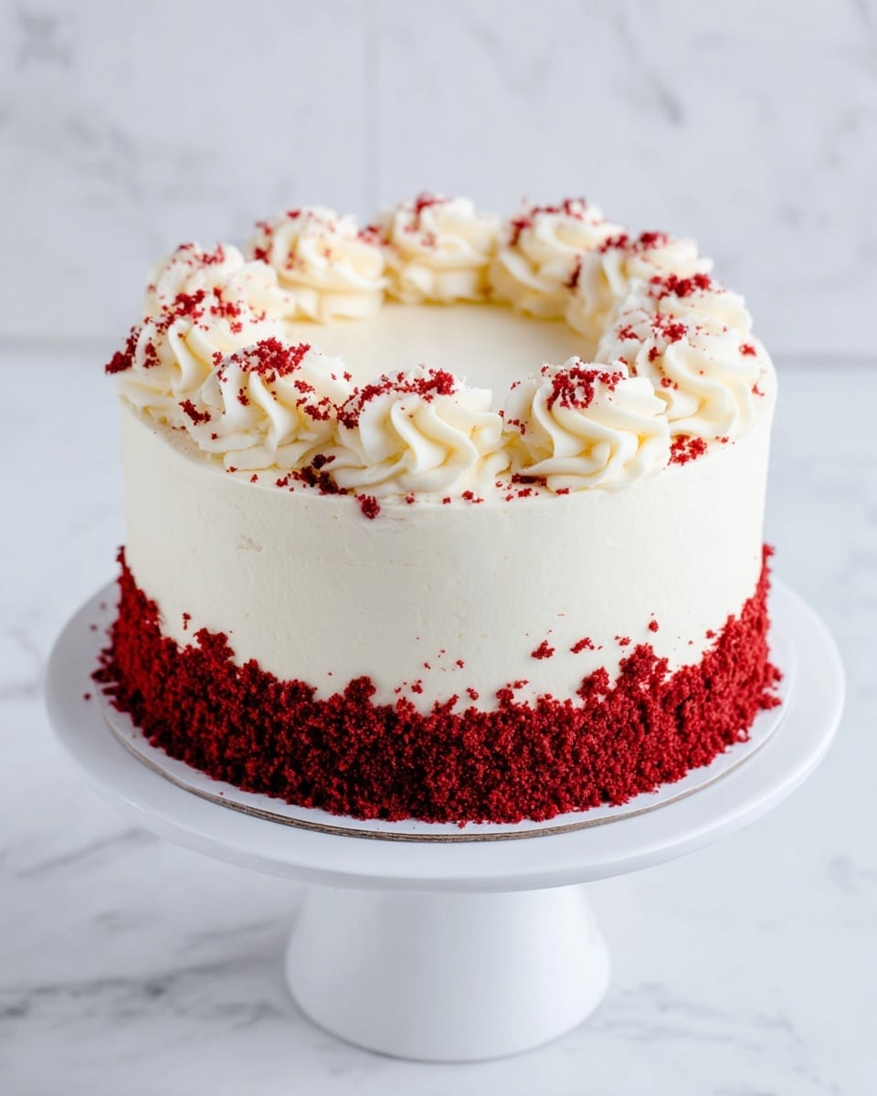 A round cake with three visible layers covered in smooth white cream, decorated at the base with a rough ring of bright red crumbs. The top layer has a circle of white cream rosettes evenly spaced around the edge, inside a scattered ring of the same red crumbs. The cake is placed on a white cake stand with a wide base, set against a white marbled surface. Photo taken with an iphone --ar 4:5 --v 7