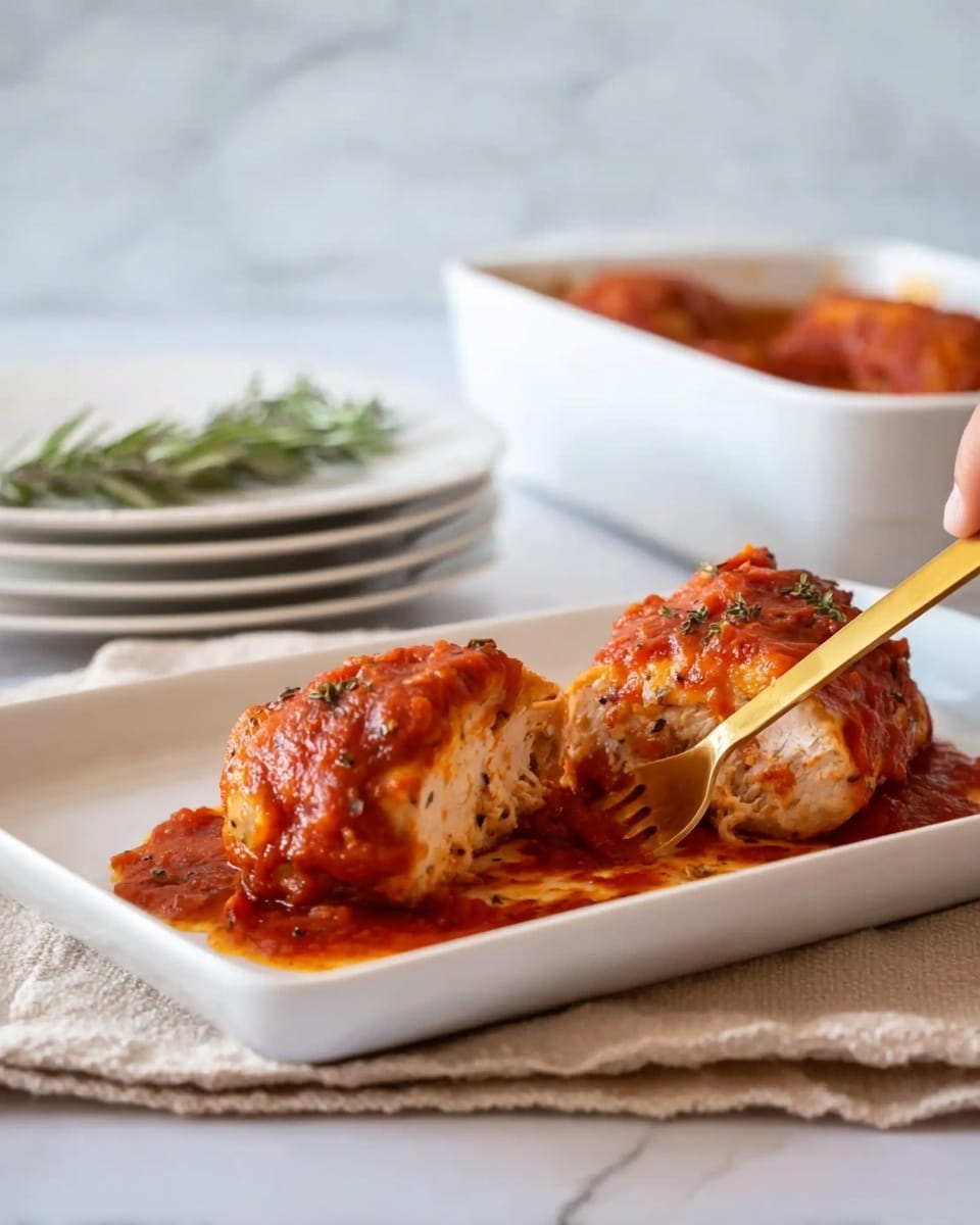Two pieces of cooked chicken are placed on a white rectangular plate, both covered with thick red tomato sauce with visible chunks and specks of black pepper. One piece is whole while the other is cut open, showing the juicy, light brown interior of the chicken. A gold-colored fork held by a woman's hand is cutting into the piece on the left. The plate is set on a larger white rectangular dish, all on a white marbled textured surface. In the background, a stack of white plates with a sprig of green herb on top is slightly blurred, along with a white baking dish holding more chicken with tomato sauce. Photo taken with an iphone --ar 4:5 --v 7