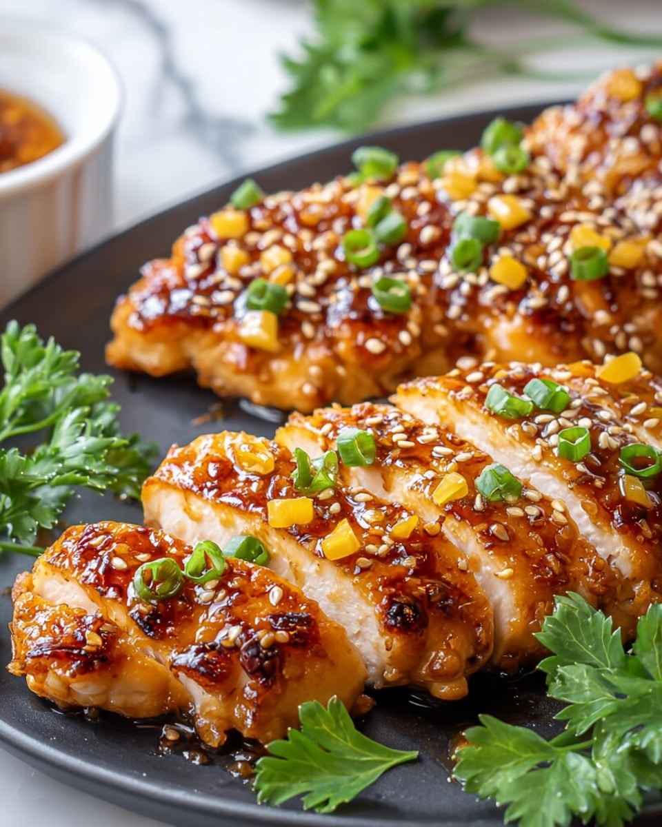 The image shows three pieces of golden brown grilled chicken cut into thick slices, each piece coated with a sticky glaze topped with chopped green onions, sesame seeds, and small yellow bits of diced vegetables. The chicken sits on a white plate with a matte black surface, and fresh green parsley leaves are placed around the edges for garnish. The glossy glaze on the chicken catches the light, highlighting the grill marks and juicy texture. The background features a white marbled texture, adding a clean, bright look to the scene. photo taken with an iphone --ar 4:5 --v 7