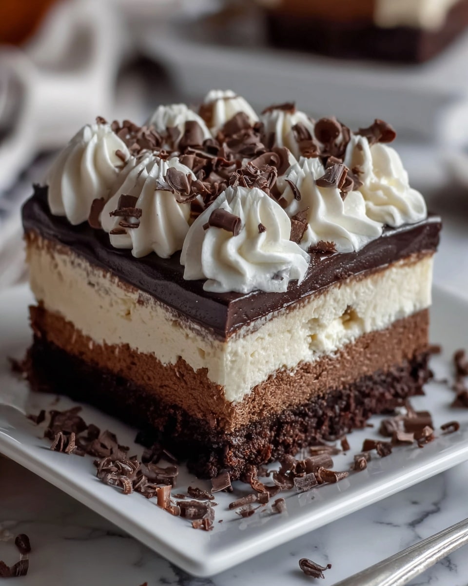 A square three-layered dessert on a white square plate placed on a white marbled surface, with chocolate shavings scattered around. The bottom layer is thick and dark brown, with a moist and crumbly texture like a chocolate cake or brownie. The middle layer is thick, creamy, and white, smooth in texture. The top layer is dark chocolate, glossy, and solid, with piped swirls of white whipped cream decorating the surface. Dark chocolate curls are sprinkled over the whipped cream swirls, adding texture and color contrast. Photo taken with an iphone --ar 4:5 --v 7