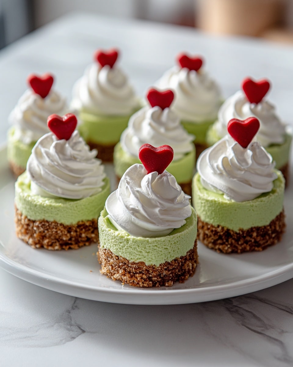 A white plate holds nine small round desserts, each with three layers: a crumbly brown base at the bottom, a thick smooth green middle layer, and a swirl of white whipped cream on top. Each dessert is decorated with a small red heart-shaped piece placed on the whipped cream peak. The background is a white marbled texture, giving a clean and bright look to the image. Photo taken with an iphone --ar 4:5 --v 7