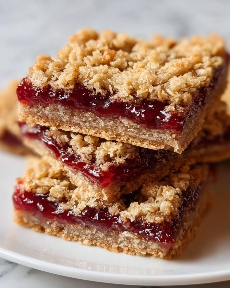 Two stacked rectangular oat bars are shown up close on a white plate with a white marbled surface below. Each bar has three layers: the bottom layer is a light brown, dense oat crust; the middle layer is a thick, glossy, deep red jam filling; the top layer is a crumbly, coarse oat topping in a light golden brown color. The texture of the oats on the top layer looks rough and uneven, with some oats sticking out. The jam layer looks moist and shiny, slightly oozing at the edges between the oat layers. Photo taken with an iphone --ar 4:5 --v 7