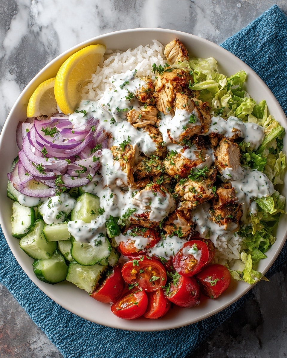 The dish is a white bowl filled with a colorful mix of ingredients arranged in separate sections. The base layer is white rice covering half of the bowl, topped with a generous layer of grilled, marinated chicken pieces that are light brown with a slightly charred texture. Fresh green lettuce fills one side, next to bright green cucumber chunks with a creamy white sauce drizzled over them. On another side, thin purple slices of red onion are topped with more of the creamy sauce. Bright red halved cherry tomatoes, sprinkled with chopped herbs, fill another section. A lemon wedge rests on the edge of the bowl, and all ingredients are sprinkled with finely chopped green herbs on a white marbled surface with a blue cloth underneath. Photo taken with an iphone --ar 4:5 --v 7