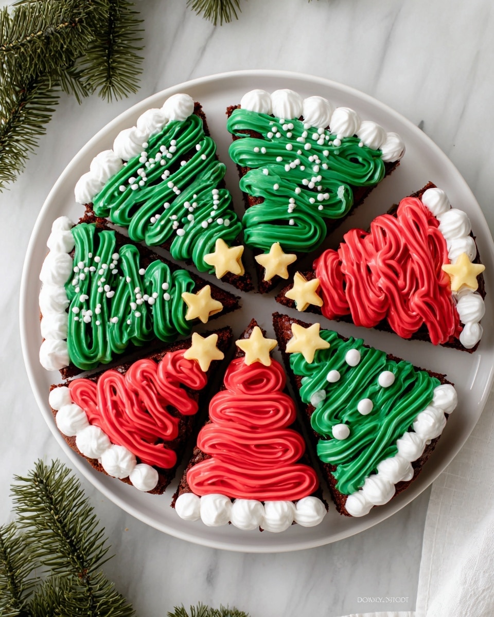 A white round plate holds eight triangular brownie slices decorated as Christmas trees and hats. Four slices are iced with green frosting formed in squiggly layers covering the whole surface, topped with small white round sprinkles, and each has a small yellow star cookie at the base. The other four slices have red frosting in wavy layers with a white icing trim that looks like a fluffy hat brim on the wide end, a small yellow star cookie near the point, and white frosting dollops near the base. The plate sits on a white marbled surface with a green pine branch on the left side. Photo taken with an iphone --ar 4:5 --v 7