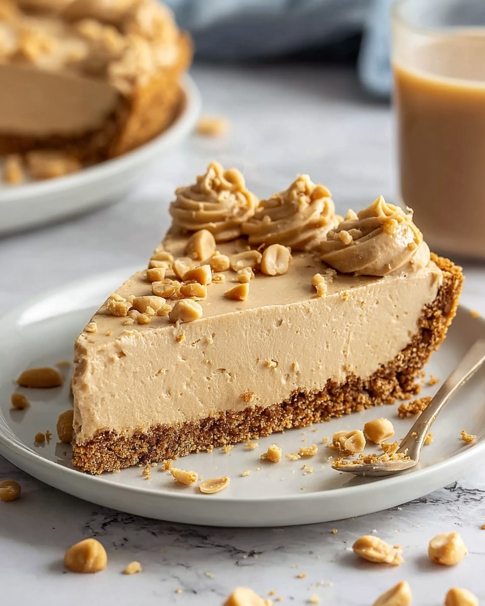 A close-up image of a single slice of creamy peanut butter pie on a white plate with a crumbly brown crust at the bottom, a thick, smooth light brown peanut butter filling as the main layer, topped with small peanuts and dollops of peanut butter cream spread evenly across the surface, with some broken peanuts and crumbs scattered around the plate. The background shows a white marbled texture with blurred elements including another slice of pie and a light brown drink. Photo taken with an iphone --ar 4:5 --v 7