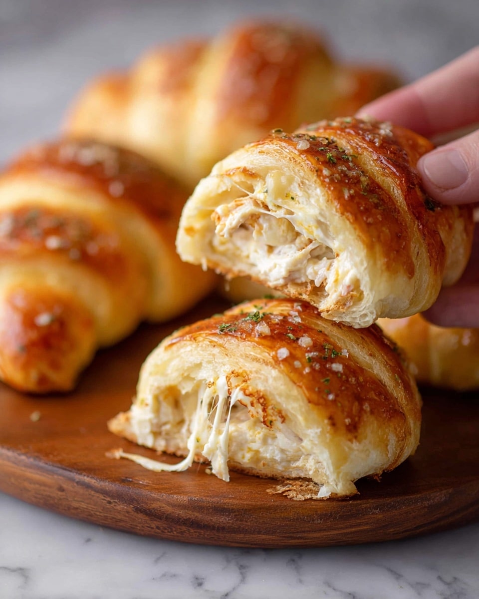 The image shows a close-up of three folded flatbread pieces layered on top of each other on a wooden board. Each piece has a golden-brown, slightly crispy outer crust with some shiny spots from melted cheese. Inside, several layers of soft white flatbread hold a filling of shredded light brown cooked chicken mixed with melted white cheese and small green herb bits. There are a few green parsley leaves sprinkled around the flatbreads on the wooden board. The background features a soft-focus white marbled texture. photo taken with an iphone --ar 4:5 --v 7