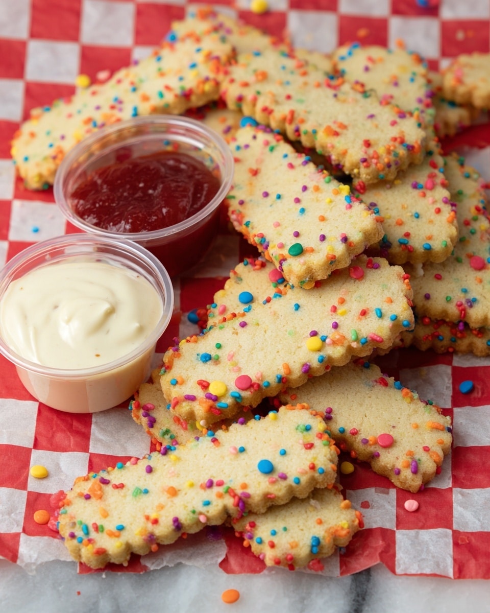 The image shows a pile of thin, rectangular cookies with scalloped edges, each dotted with colorful sprinkles in red, blue, yellow, orange, and pink scattered all over the light beige cookie dough. The cookies are stacked on red and white checkered paper resting on a white marbled surface. There are two small clear plastic containers placed among the cookies; one filled with a dark red sauce and the other with a creamy white sauce, both having smooth textures. The overall scene gives a bright and playful look. photo taken with an iphone --ar 4:5 --v 7
