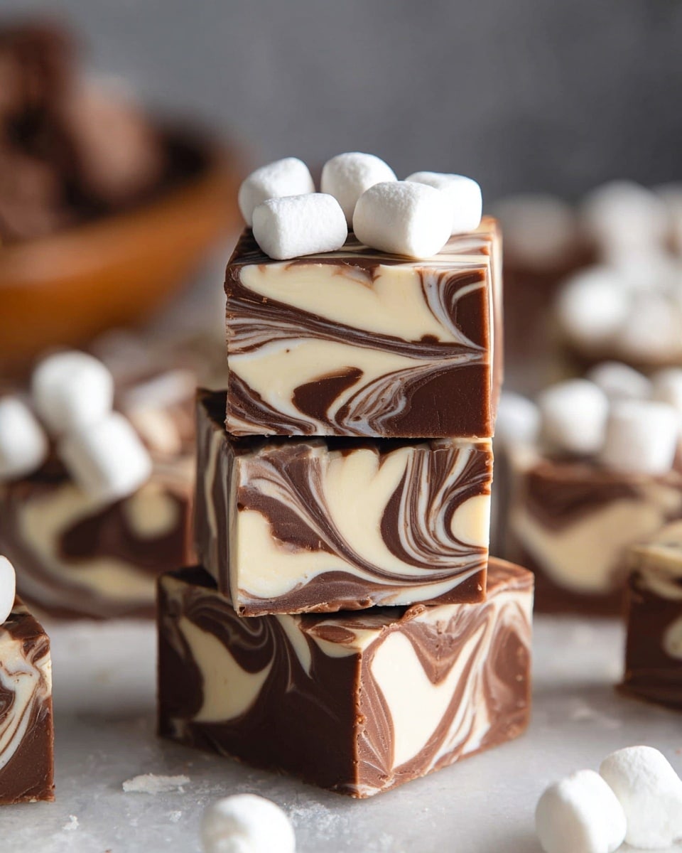 The image shows a stack of three square pieces of marbled fudge with swirls of light cream and dark brown chocolate, giving each piece a smooth, creamy texture. The top piece has four small white marshmallows placed on it, adding a soft, pillowy contrast. Surrounding the stack are more similar fudge pieces scattered on a white marbled textured surface with some extra marshmallows nearby. The background is blurred, highlighting the glossy finish and rich details of the fudge in the front. photo taken with an iphone --ar 4:5 --v 7