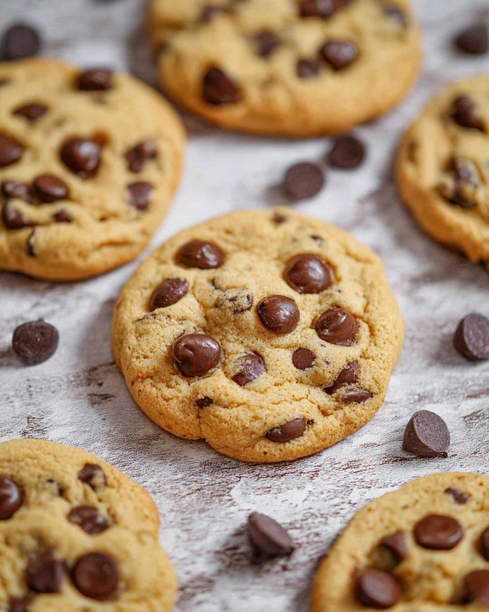 A close-up of thick, soft chocolate chip cookies with a light golden-brown color, scattered dark brown chocolate chips embedded throughout. The cookies are placed on a white marbled textured surface, with some loose chocolate chips around them. The texture is slightly crumbly and chewy looking, with rounded edges and slightly cracked tops. Photo taken with an iphone --ar 4:5 --v 7