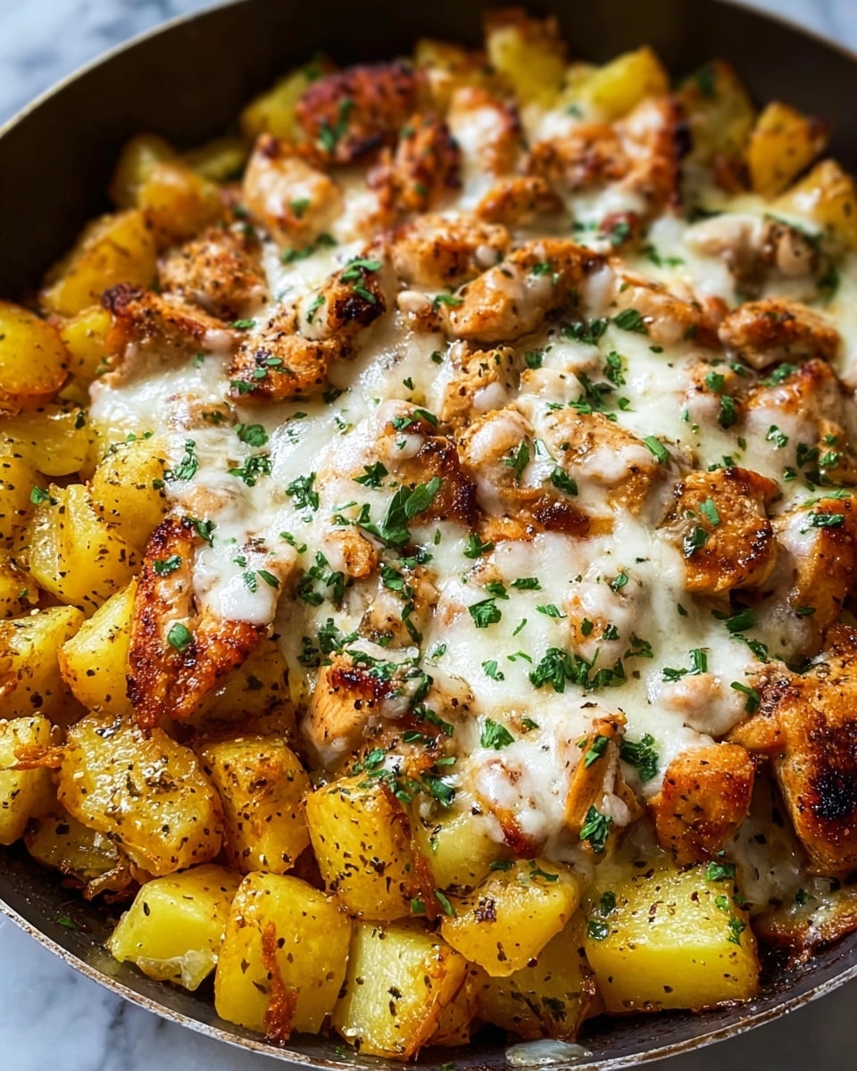 The dish shows a close-up view of a cooked mixture with two main layers visible: the base layer consists of small yellow-golden potato chunks with a slightly crispy texture, seasoned with black pepper and herbs, while the top layer is made of browned, grilled chicken pieces covered with melted white cheese that has a smooth, slightly bubbly texture. The dish is garnished with finely chopped green herbs scattered on top. The food is served in a pan set against a white marbled surface. photo taken with an iphone --ar 4:5 --v 7