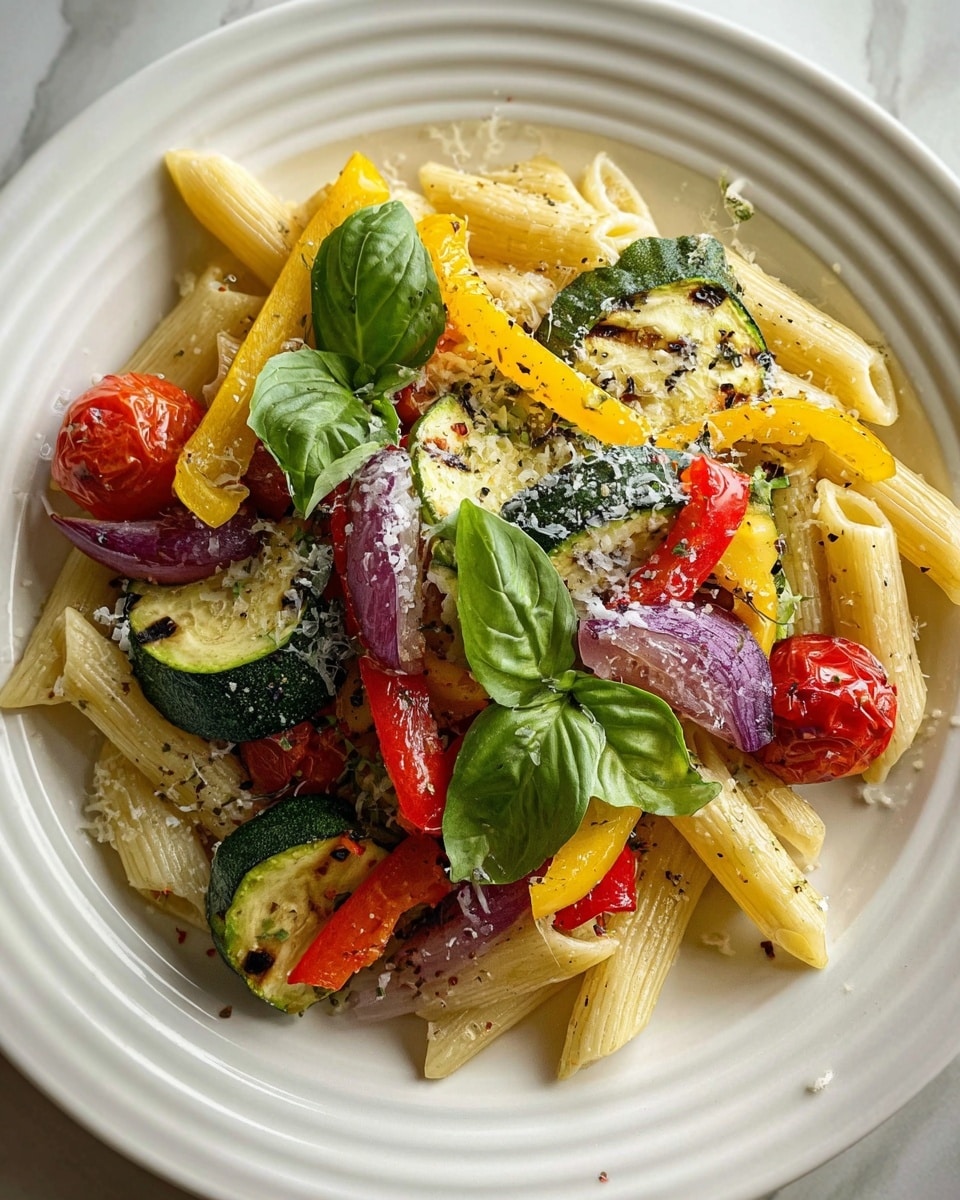 A white plate holds a colorful pasta dish with three main layers. The bottom layer is pale yellow penne pasta, cooked and spread evenly across the plate. Above the pasta are grilled vegetable pieces including bright yellow and red bell pepper strips, green broccoli florets, round slices of zucchini with green skin and soft centers, whole roasted cherry tomatoes that are red and slightly wrinkled, and tender slices of purple onion. The top layer consists of fresh green basil leaves and a light sprinkling of finely grated white cheese, plus a dusting of black pepper and herbs scattered across all layers. The image is set against a white marbled background with soft, natural lighting. Photo taken with an iphone --ar 4:5 --v 7