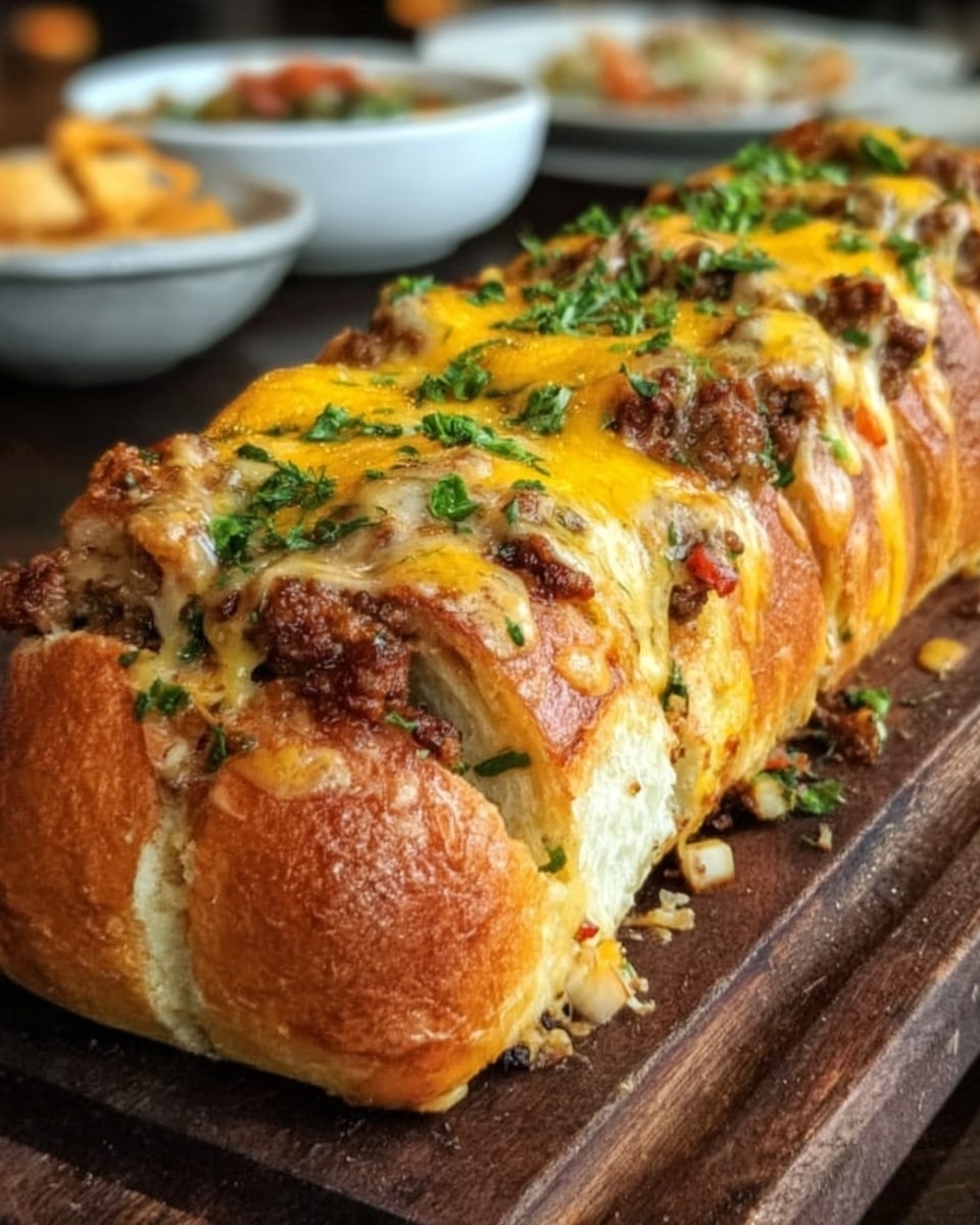 A long white bread roll sliced open and filled with layers of cooked ground beef mixed with herbs and small diced vegetables, topped with melted yellow cheese drizzled over the filling, sprinkled with chopped green herbs, sitting on a dark wooden board. The background is a white marbled texture with blurred out dishes and warm lighting. photo taken with an iphone --ar 4:5 --v 7