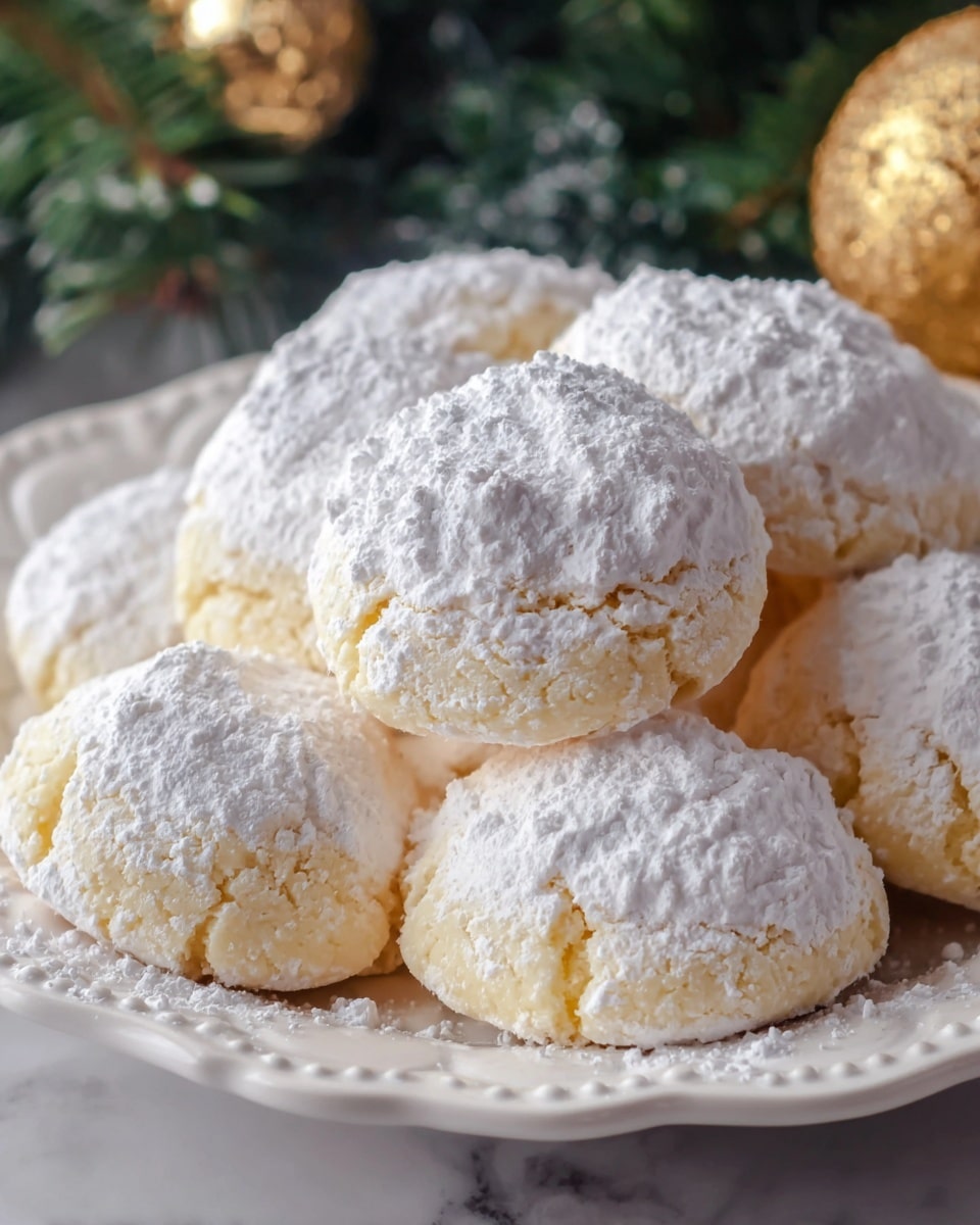 The image shows a close-up view of a pile of round cookies on a white plate with delicate edges. Each cookie has a soft, slightly cracked surface and is covered in a thick layer of white powdered sugar, giving them a snowy look. The cookies are light yellow underneath the sugar, revealing a dense, moist texture. They are arranged closely together, filling the plate, and the background features green pine branches and a blurred shiny golden Christmas ornament, adding a festive touch. The setting is on a white marbled texture surface. photo taken with an iphone --ar 4:5 --v 7