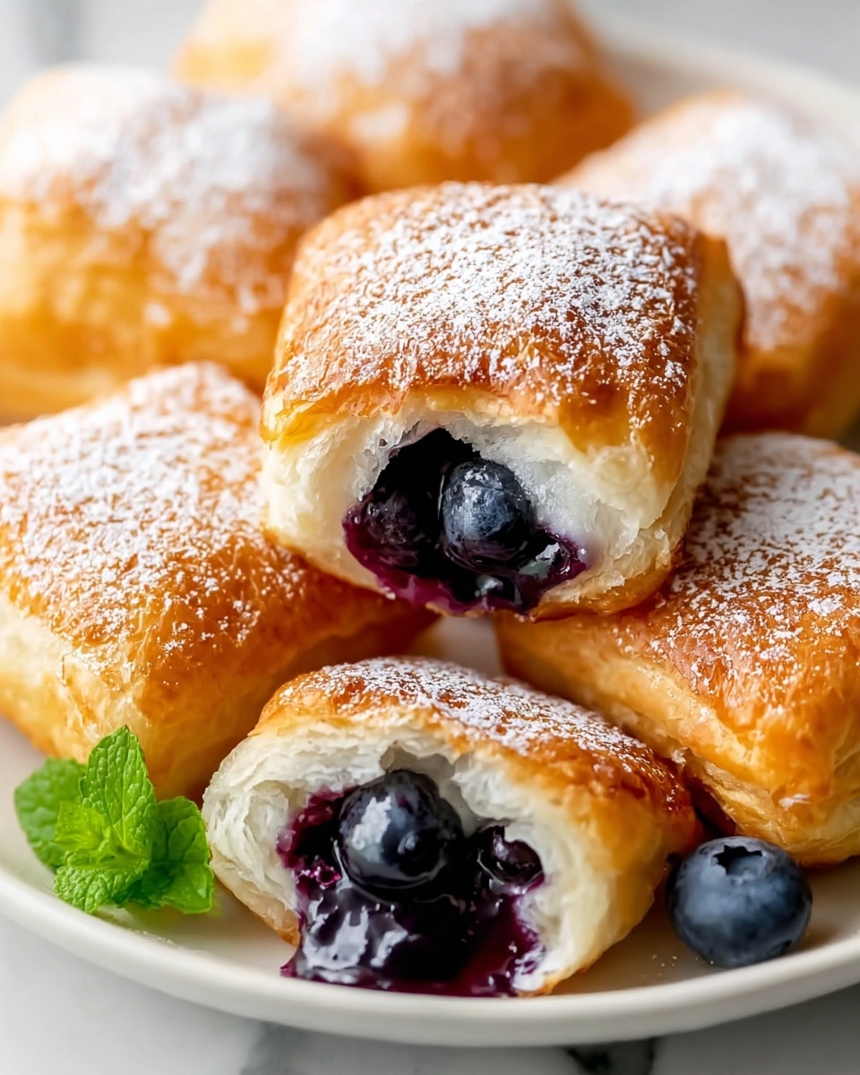 A close-up view of several square, golden-brown pastries dusted lightly with powdered sugar on top, arranged closely together on a white plate, set on a white marbled surface. One pastry is broken in half at the front, showing a glossy, deep purple blueberry filling inside with some filling oozing out and a fresh blueberry resting near the center. The flaky layers of the pastry are visible with a crisp texture on top and soft, light layers underneath. A small sprig of fresh green mint adds a pop of color at the side. Photo taken with an iphone --ar 4:5 --v 7