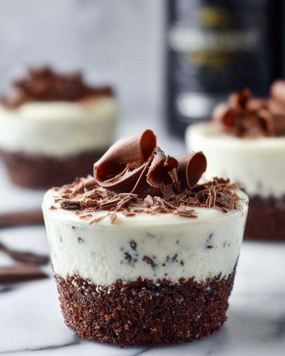 The image shows a close-up of a mini dessert cup with two clear layers: the bottom layer is a thick, dark brown base with a crumbly texture, while the top layer is a light creamy white mousse with small chocolate bits mixed in, giving it a speckled look; on top, there are smooth, curled milk chocolate shavings scattered, adding a rich brown contrast. The dessert cups are white, and they sit on a white marbled surface, with a blurred dark bottle in the background. Photo taken with an iphone --ar 4:5 --v 7