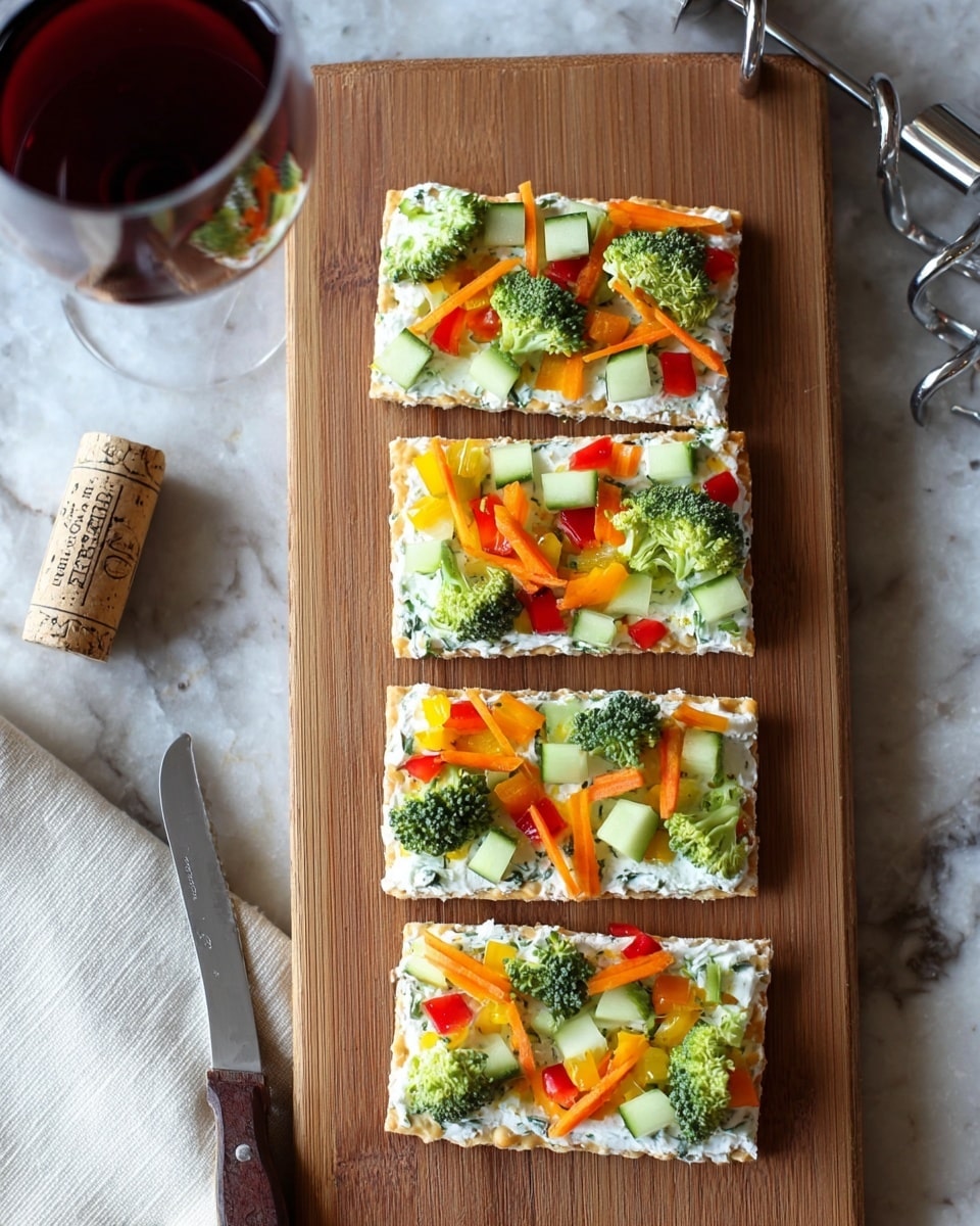 The image shows four rectangular crackers laid out in a single column on a wooden board. Each cracker has two layers: a thick creamy white spread as the base layer and a colorful vegetable topping layer. The topping consists of small broccoli florets in green, thin orange carrot strips, and small diced pieces of red and yellow bell peppers, along with some cucumber chunks, all evenly scattered on top. To the left of the wooden board are a cork, a silver knife with a black handle resting on a white cloth, and a spiral corkscrew. In the upper left corner, there is a glass filled with dark red wine. The background is a white marbled texture. photo taken with an iphone --ar 4:5 --v 7