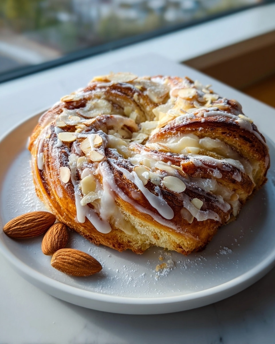 A round pastry with visible layers of golden brown dough twisted with a creamy filling inside, topped with white icing drizzled unevenly across the surface and sprinkled with slivered almonds and powdered sugar, sits on a white plate, with two whole almonds resting beside it; the plate is placed on a white marbled surface near a window letting in natural light, highlighting the soft, flaky texture and rich colors of the pastry. photo taken with an iphone --ar 4:5 --v 7