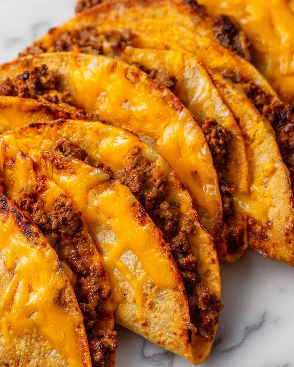 The image shows several folded tacos arranged closely on a white marbled surface. Each taco has a golden brown, slightly crispy tortilla folded in half, forming two layers. Inside, the bottom layer is filled with cooked ground beef that looks crumbly and well seasoned, dark brown with some bits crisped at the edges. The top layer is melted cheddar cheese, bright orange-yellow and gooey, spread evenly over the beef and slightly dripping onto the edges of the tortillas. The tacos’ edges are browned and crisp, adding texture contrast. photo taken with an iphone --ar 4:5 --v 7