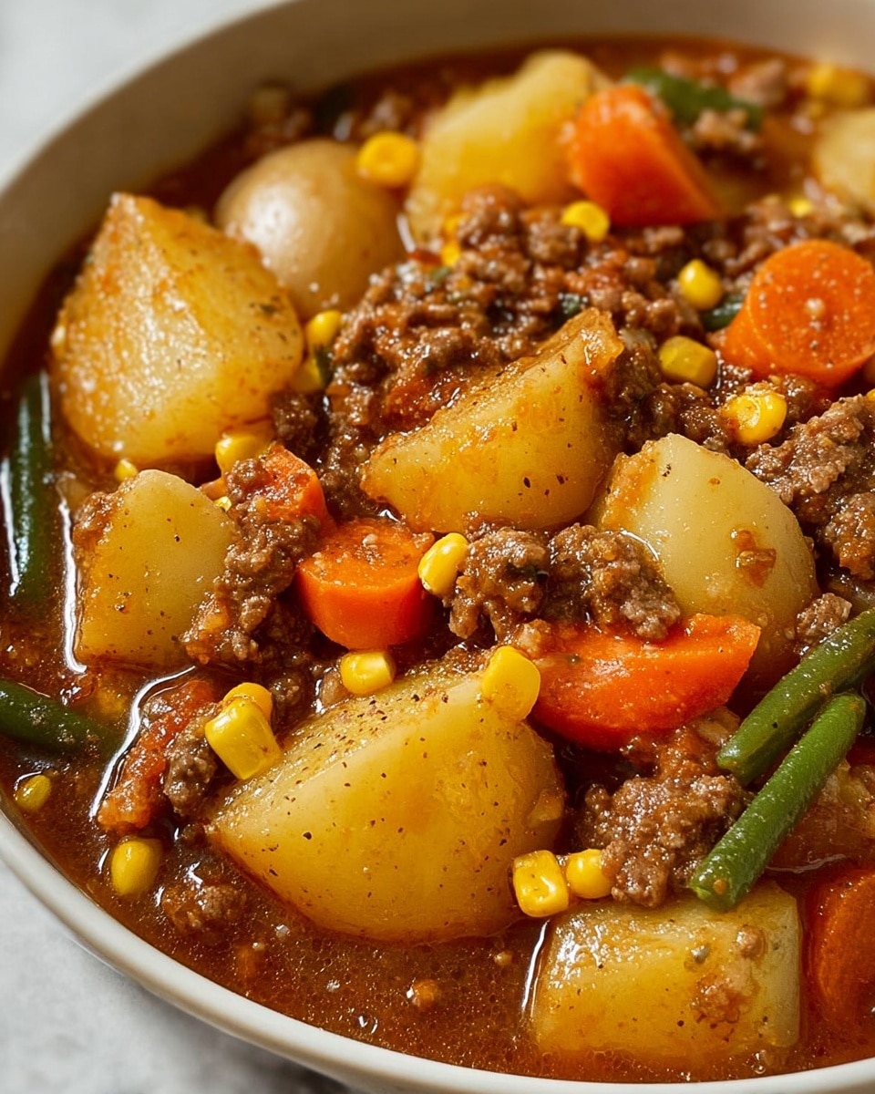 This close-up image shows a hearty stew in a white bowl, filled with chunks of light golden potatoes, bright orange carrot slices, yellow corn kernels, and green beans scattered throughout. The base layer is a rich brown mixture of ground meat and diced translucent onions, creating a thick, textured sauce that coats the vegetables. The potatoes are glossy with a slight seasoning crust, and the vegetables look tender but firm, all combined in a warm, comforting dish. The white marbled texture surface beneath the bowl adds a clean, simple background. Photo taken with an iphone --ar 4:5 --v 7