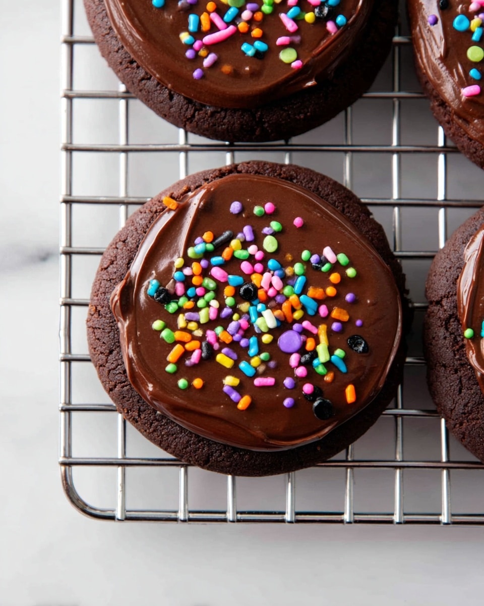 The image shows a close-up of a round chocolate cookie with a thick, smooth layer of dark chocolate frosting on top. On the frosting, there are small, colorful candy sprinkles scattered evenly, including pink, blue, orange, green, yellow, purple, and black pieces. The cookie has a slightly rough texture and is sitting on a silver wire cooling rack, which is placed over a white marbled surface. The composition highlights the rich, glossy chocolate and the bright colors of the sprinkles. photo taken with an iphone --ar 4:5 --v 7