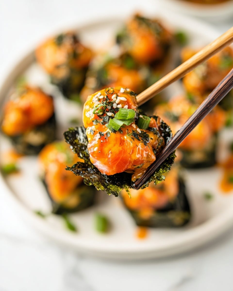A close-up of a small bite-sized food piece held with chopsticks, showing three main layers: a shiny, dark green crispy seaweed base, topped with bright orange grilled salmon chunks covered in creamy, orange sauce; the top is sprinkled with green sliced scallions, white sesame seeds, and finely chopped herbs, all sitting over a blurred white plate filled with similar pieces on a white marbled surface. Photo taken with an iphone --ar 4:5 --v 7
