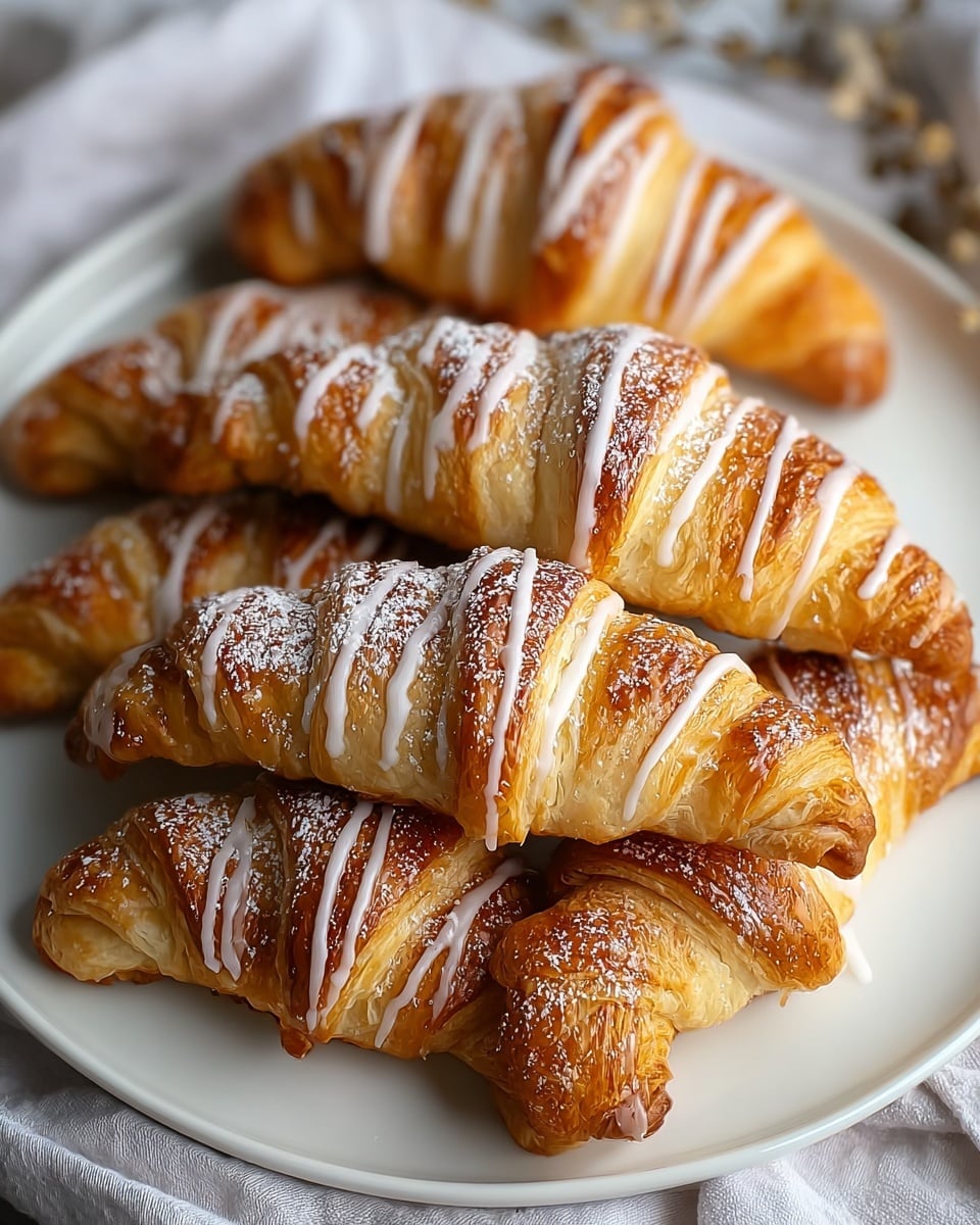 The image shows five golden-brown croissants on a white plate, arranged side by side and slightly overlapping. Each croissant has visible flaky layers, with the outer surface shiny and crispy, showing a mix of lighter and darker brown shades. They are topped with thin white icing drizzled in diagonal lines and lightly dusted with powdered sugar, adding a delicate white contrast to the golden texture. The plate rests on a white marbled textured surface with a soft cloth underneath, adding a cozy feel to the scene. Photo taken with an iphone --ar 4:5 --v 7