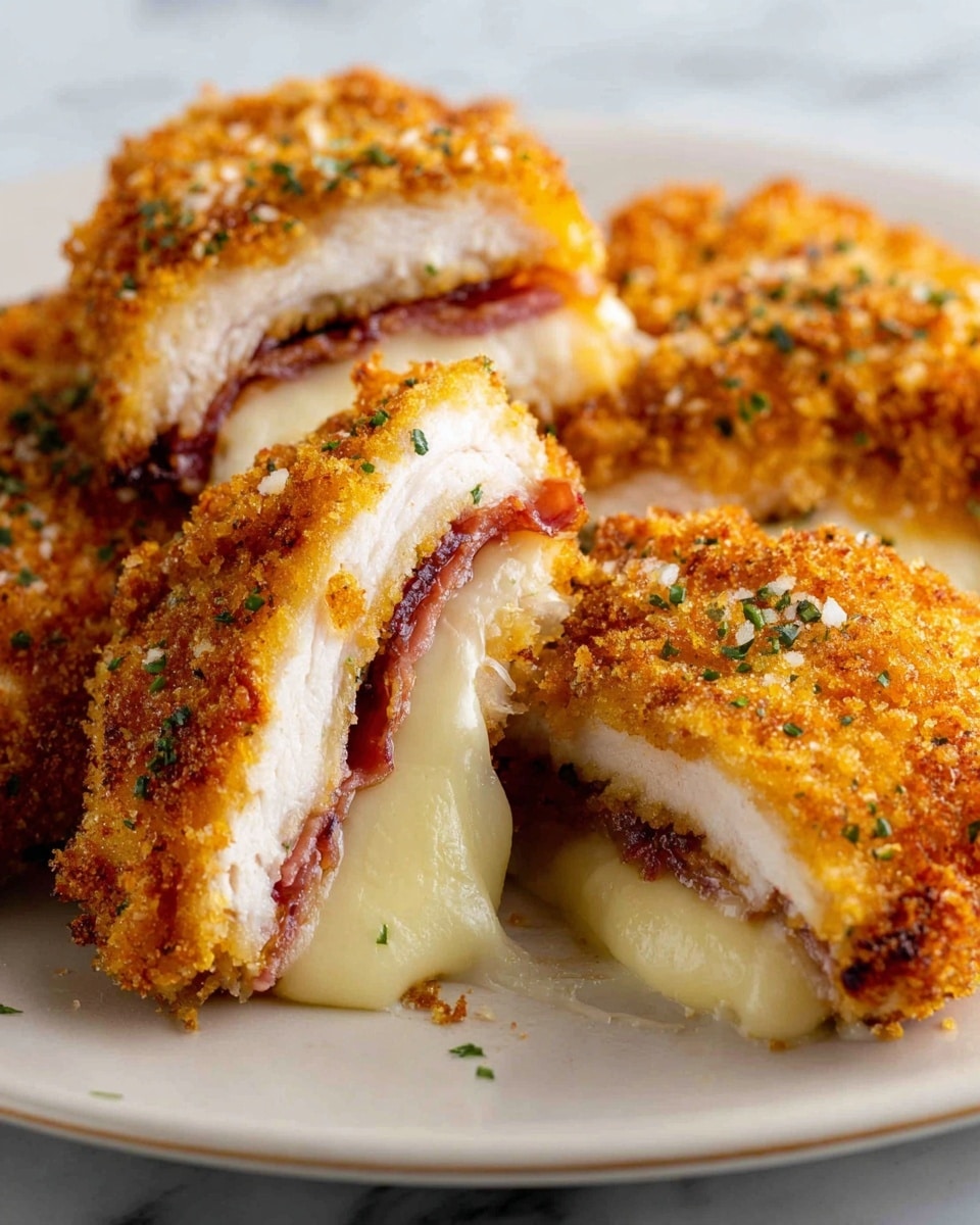 A close-up of several pieces of golden-brown breaded chicken, each cut to show two main layers inside: the outer crispy crust layer with a crunchy texture and a golden color, followed by a thick white chicken meat layer, and inside this, a thin slice of reddish meat, topped with melted creamy white cheese that stretches slightly, all sprinkled with small bits of green herbs. The chicken pieces are arranged on a white plate with a slightly raised edge, sitting on a white marbled surface. Photo taken with an iphone --ar 4:5 --v 7