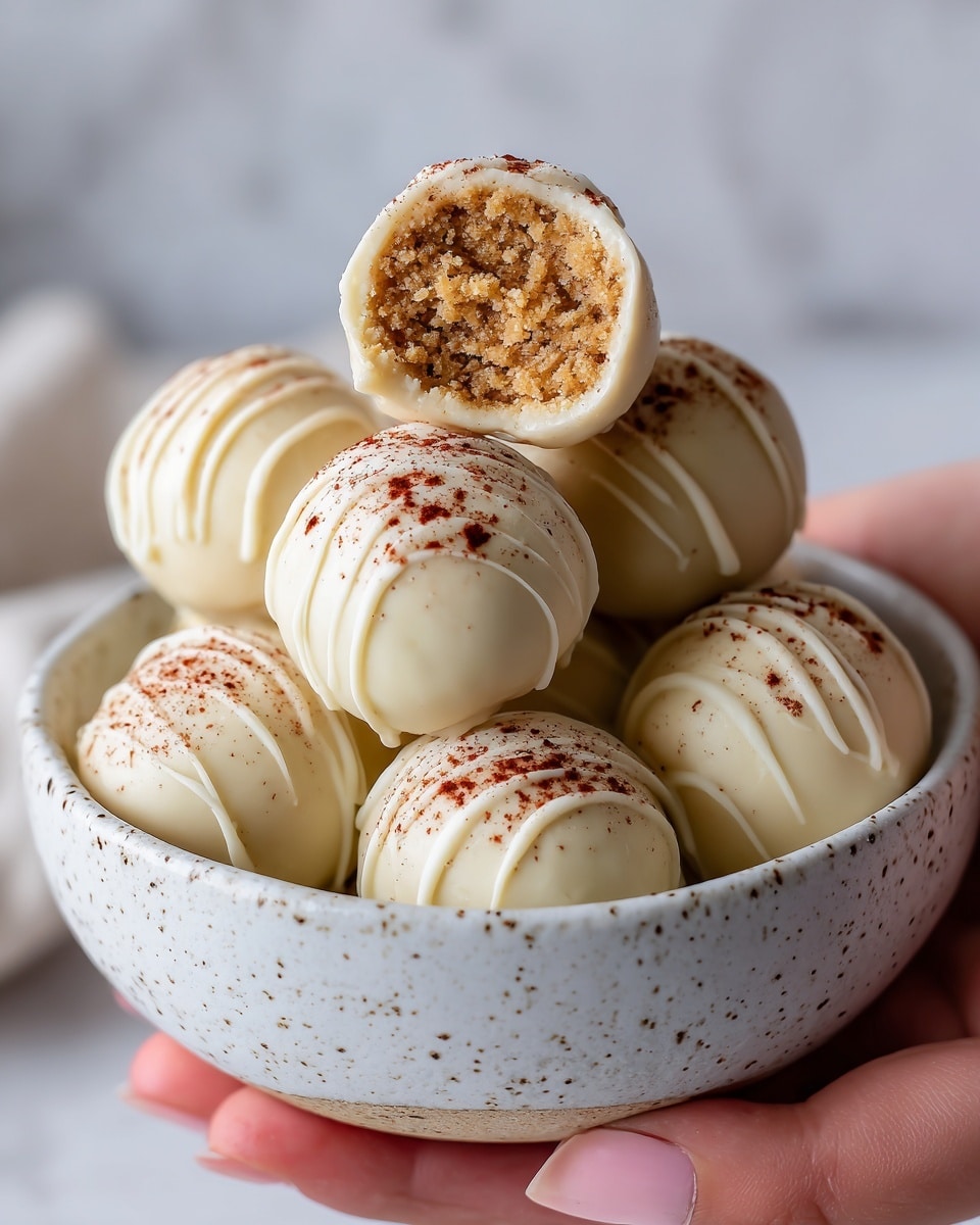 A small pile of round white chocolate truffles sits inside a white bowl with speckled details. Each truffle is coated smoothly with white chocolate and lightly dusted with reddish-brown cocoa powder. Some have thin white chocolate drizzle lines on top. One truffle is held above the pile to show its inside, revealing a dense, light brown, crumbly filling. The background shows a soft white marbled texture. photo taken with an iphone --ar 4:5 --v 7