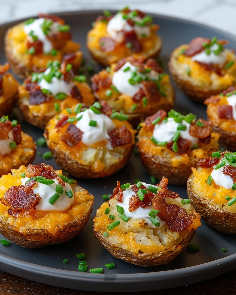 The image shows a round dark gray plate filled with twelve small twice-baked potato halves arranged closely together. Each mini potato has three visible layers: the bottom layer is golden-brown crispy potato skin with a slightly rough texture, the middle layer is soft mashed potato mixed with melted orange cheddar cheese, and the top layer has small crispy bacon bits, a dollop of white sour cream, and chopped bright green chives sprinkled on top. Some chives are also scattered loosely on the plate. The plate is set on a surface with a white marbled texture. photo taken with an iphone --ar 4:5 --v 7