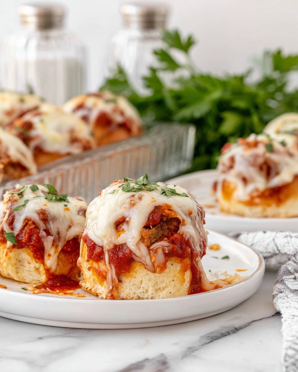 The image shows three savory baked rolls on a white plate with a white marbled surface underneath. Each roll has three layers: a soft golden-brown bread base, topped with a thick, rich red tomato sauce that partially drips down, and finished with melted, creamy white cheese that covers the top and drapes over the sides. Small green parsley flakes are sprinkled on top for garnish. In the background, there is a glass tray with more rolls and some salt and pepper shakers, along with a bunch of fresh green parsley. Photo taken with an iphone --ar 4:5 --v 7