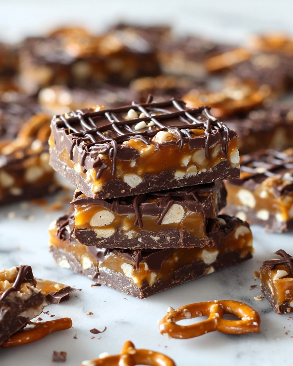 A close-up of two stacked square caramel pretzel bars on a white marbled surface, each bar showing three layers: the bottom layer is dark chocolate with visible pretzel pieces, the middle layer is golden caramel with embedded pretzels, and the top layer is a drizzle of dark chocolate creating a grid pattern across the caramel. Around the stack are scattered broken pieces of the same bars, crumbs, and chocolate shards, with a soft-focused background of more bars. The lighting highlights the glossy caramel and chocolate textures. Photo taken with an iphone --ar 4:5 --v 7
