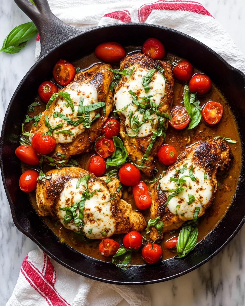 A black cast iron pan filled with four grilled chicken breasts on the bottom layer, each topped with melted white cheese that has a smooth texture and slightly bubbly spots. Bright red cherry tomatoes, some whole and some halved, are scattered evenly on top and around the chicken, adding pops of color. Fresh green basil leaves are placed both on the chicken and around the edges, giving a fresh and vibrant look. The dish is surrounded by a rich brown sauce that fills the pan’s bottom, enhancing the glistening look. The pan sits on a white marbled surface with a white towel and red-striped cloth partly visible under the pan. Photo taken with an iphone --ar 4:5 --v 7