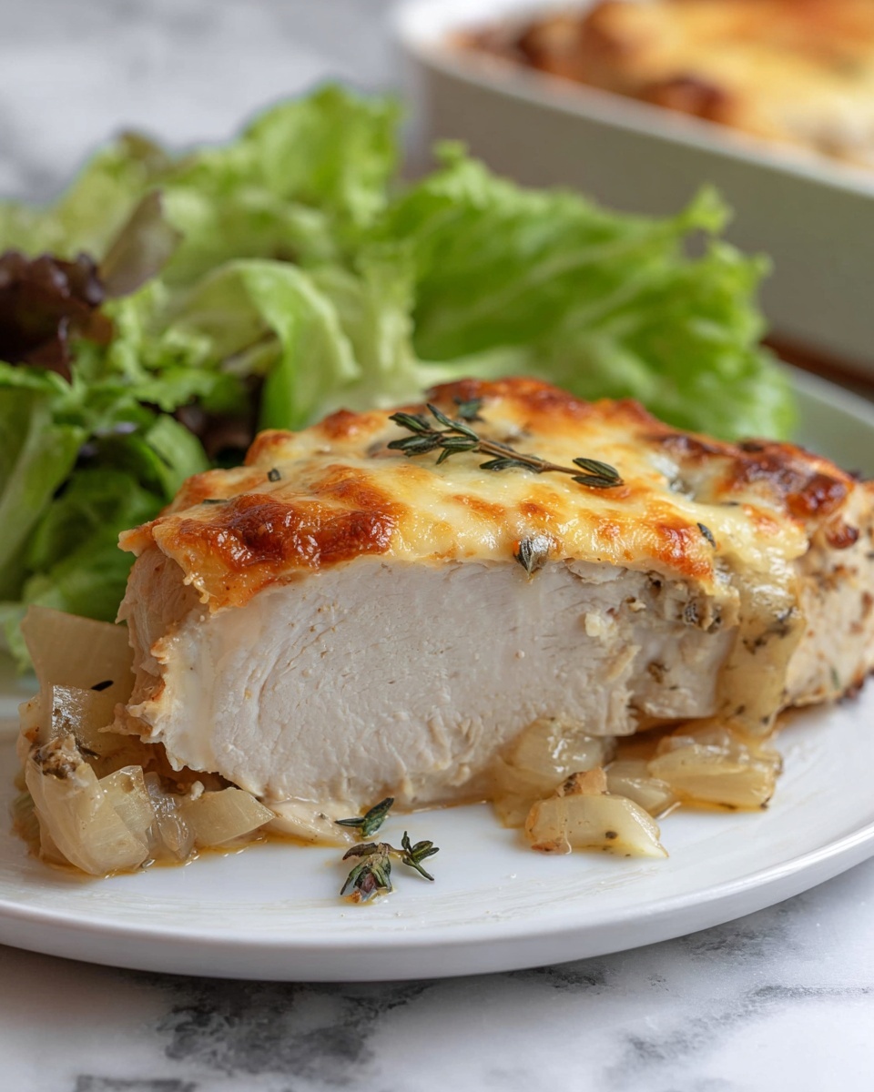 A thick slice of cooked chicken breast sits on a white plate, showing a dense, white, tender texture inside. On top, there is a golden-brown layer of melted cheese with a slightly crispy edge. Beneath the cheese, pieces of soft, cooked onions add a light beige color and soft texture. A few green herb leaves are scattered on top of the cheese for decoration. To the side of the chicken, there is a small bunch of fresh green leafy lettuce. The plate rests on a white marbled surface. photo taken with an iphone --ar 4:5 --v 7
