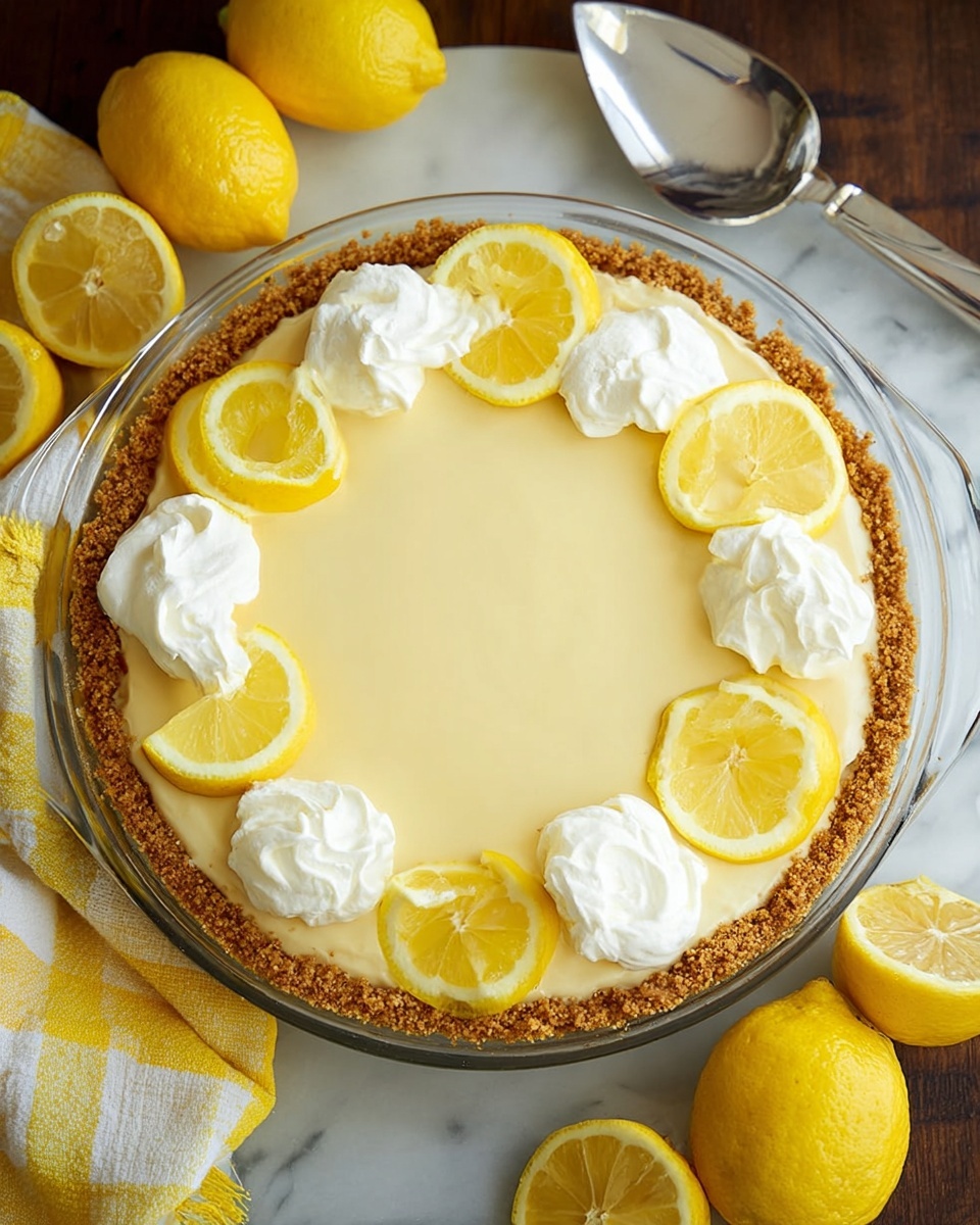 A lemon pie with three main layers sits in a clear glass pie dish on a white marbled texture. The bottom layer is a thick, crumbly golden brown crust that forms a sturdy base and sides. The middle layer is smooth and pale yellow lemon filling, evenly spread and slightly shiny. On top, there are three dollops of fluffy white whipped cream each decorated with several thin, bright yellow lemon slices, placed mostly on one side of the pie. Around the pie, fresh whole and halved lemons are scattered, along with a silver pie server. A yellow and white striped cloth is partially visible nearby. Photo taken with an iphone --ar 4:5 --v 7