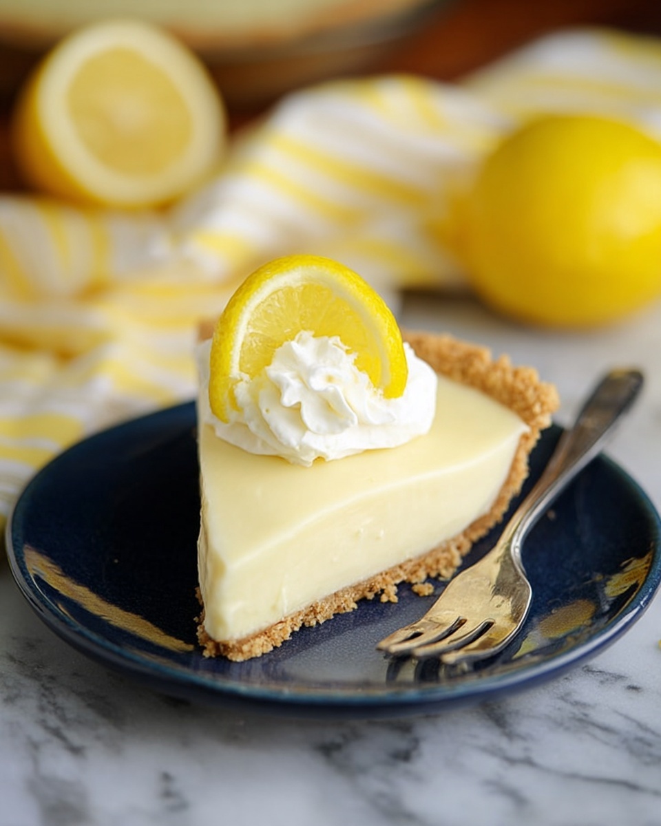 A single slice of lemon pie is shown on a white plate with a smooth, creamy pale yellow filling on top of a crumbly light brown crust. The pie slice is topped with a dollop of white whipped cream and a thin slice of lemon with bright yellow skin and pale inside placed on the whipped cream. A silver fork rests on the plate next to the slice. The background shows a soft-focus white marbled textured surface with a whole lemon and a yellow striped cloth, adding fresh and warm tones to the image. photo taken with an iphone --ar 4:5 --v 7