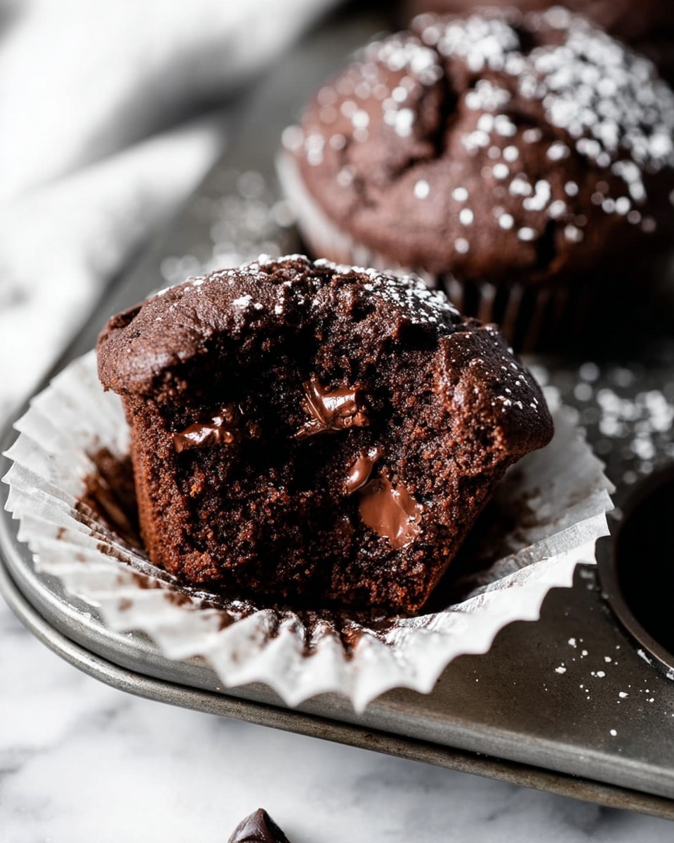 The image shows a close-up of a split chocolate muffin resting in a white paper liner. The muffin has a dark brown color with a moist, soft texture and melted chocolate chunks visible inside. It sits on a metal muffin tray dusted slightly with white powdered sugar, with another whole chocolate muffin partially visible nearby, also sprinkled with powdered sugar. The background is a white marbled surface, adding a clean and bright contrast to the deep chocolate color. photo taken with an iphone --ar 4:5 --v 7