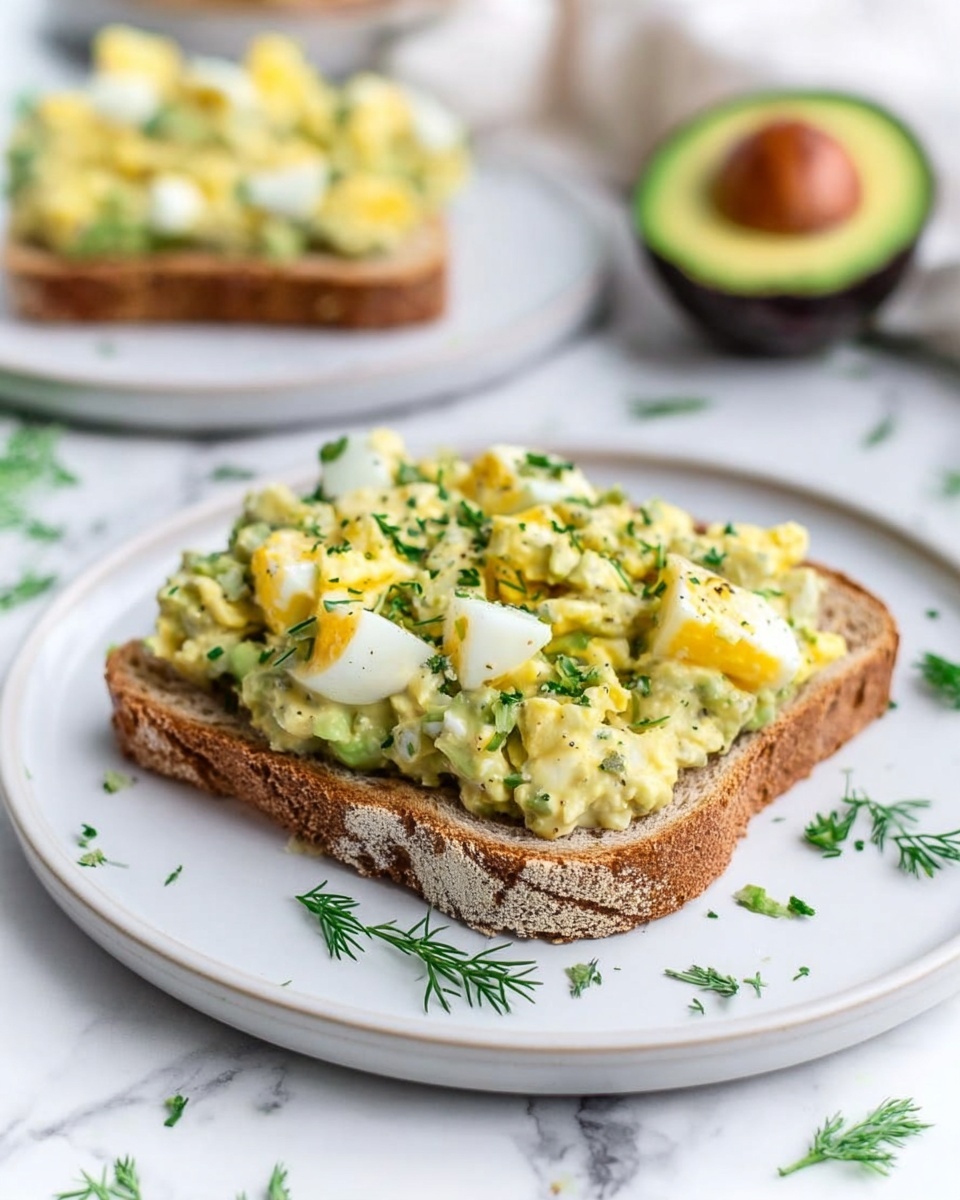 A white bowl filled with chunky egg salad mixed with finely chopped green herbs and avocado, showing soft yellow and white pieces from the eggs and creamy light green from the avocado, sitting on a white marbled surface. A metal spoon rests in the bowl, scooping the salad, surrounded by halved avocado with bright green flesh and brown pit, fresh herbs scattered around, and a carton holding three brown eggs partially visible at the top right. Photo taken with an iphone --ar 4:5 --v 7