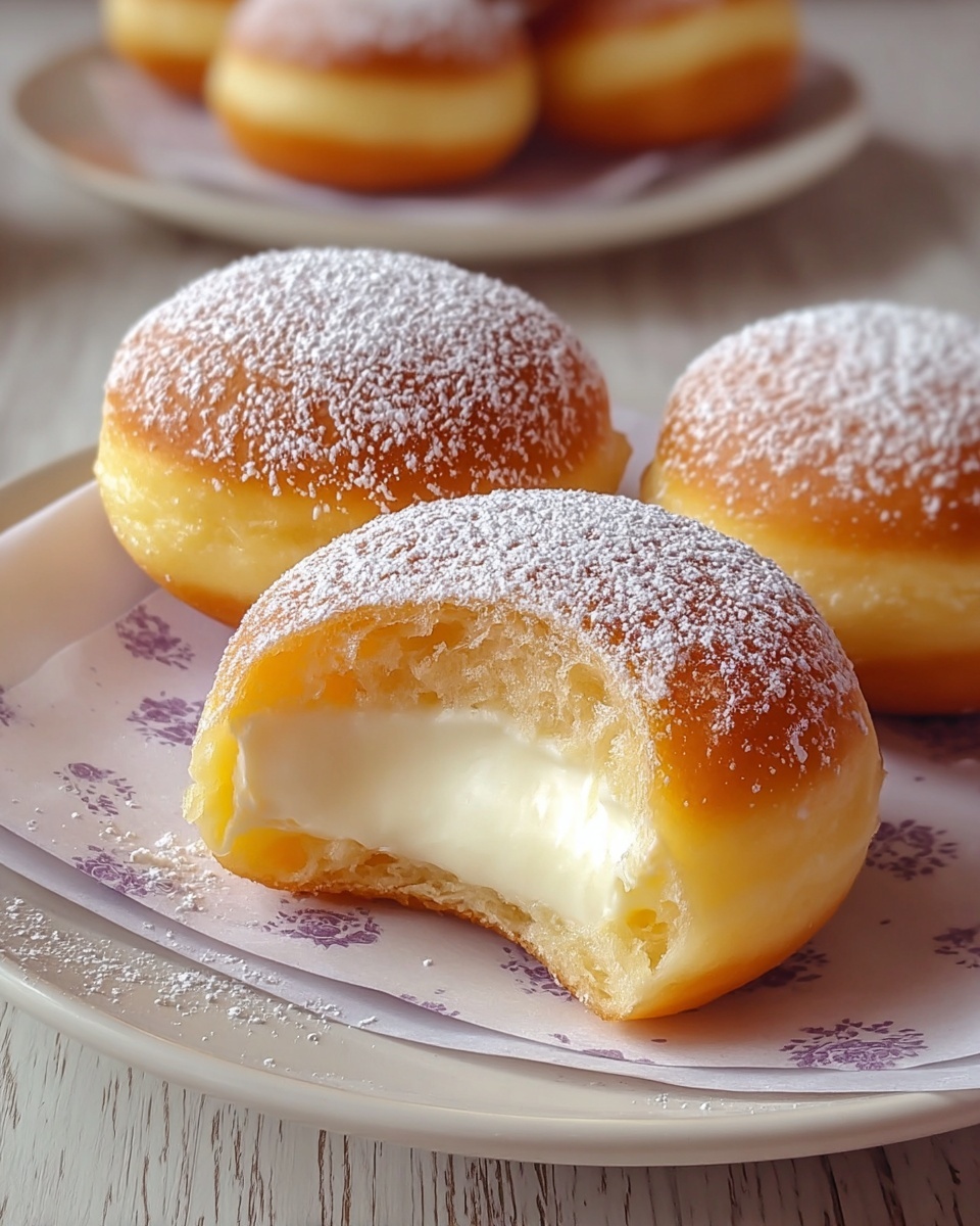 Three small round doughnuts with a smooth, shiny light yellow surface sit on a white plate lined with white paper that has a faint purple floral print. Each doughnut is dusted lightly with white powdered sugar on top. The doughnut in the front has a bite taken out of it, revealing a soft, fluffy light yellow cake layer inside and a thick, creamy white filling in the center. The composition is on a white marbled surface with a blurred background showing more doughnuts on a white plate. Photo taken with an iphone --ar 4:5 --v 7