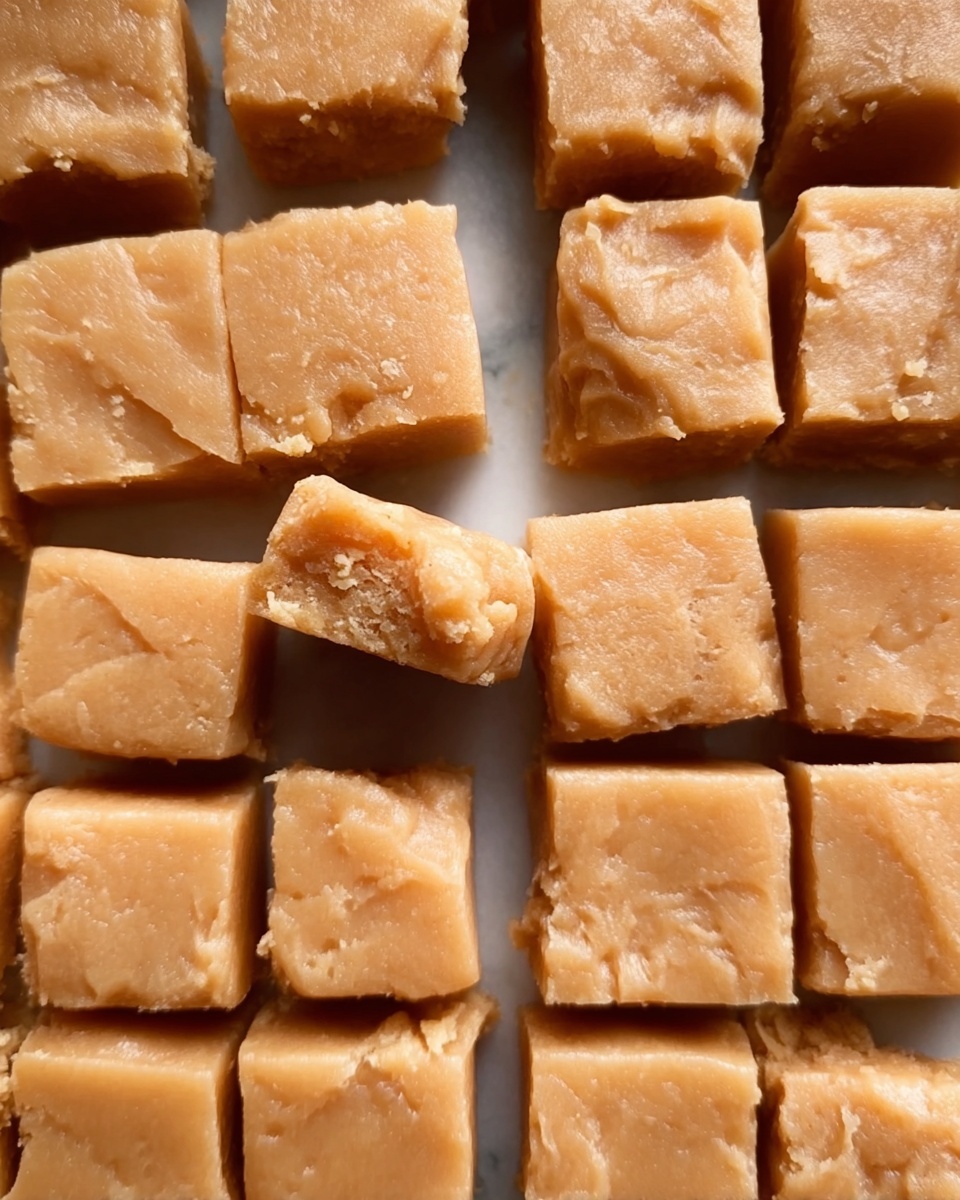 The image shows a wooden board lined with white parchment paper filled with light brown, soft, and slightly crumbly square pieces of fudge, arranged in a close grid pattern covering most of the board. Around the edges, some pieces are slightly rounded and uneven, showing a homemade texture. Scattered on the white marbled surface around the board are whole and split peanuts, adding a rustic look to the scene. photo taken with an iphone --ar 4:5 --v 7