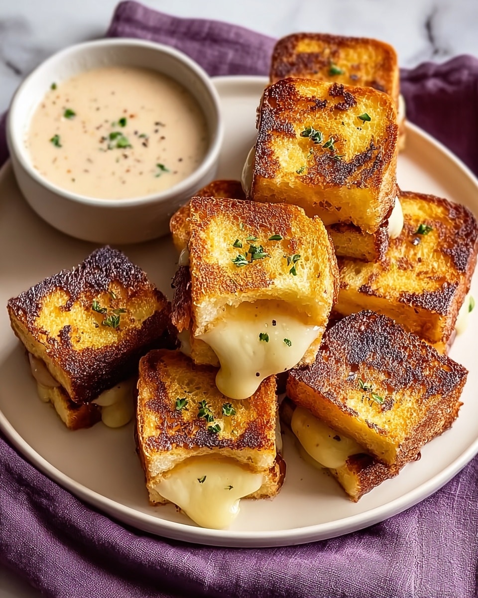 A white plate holds a stack of small grilled cheese bites, each made of two golden brown toasted bread squares filled with melted cheese that oozes slightly at the edges. The cheese is light yellow and creamy, with a few small green herb flecks on top. The grilled bread has a crispy texture with darker charred spots, showing a well-cooked surface. To the upper left on the plate, there is a small white bowl filled with a creamy beige dipping sauce that has tiny dark specks. The plate rests on a soft purple cloth on a white marbled surface. Photo taken with an iphone --ar 4:5 --v 7
